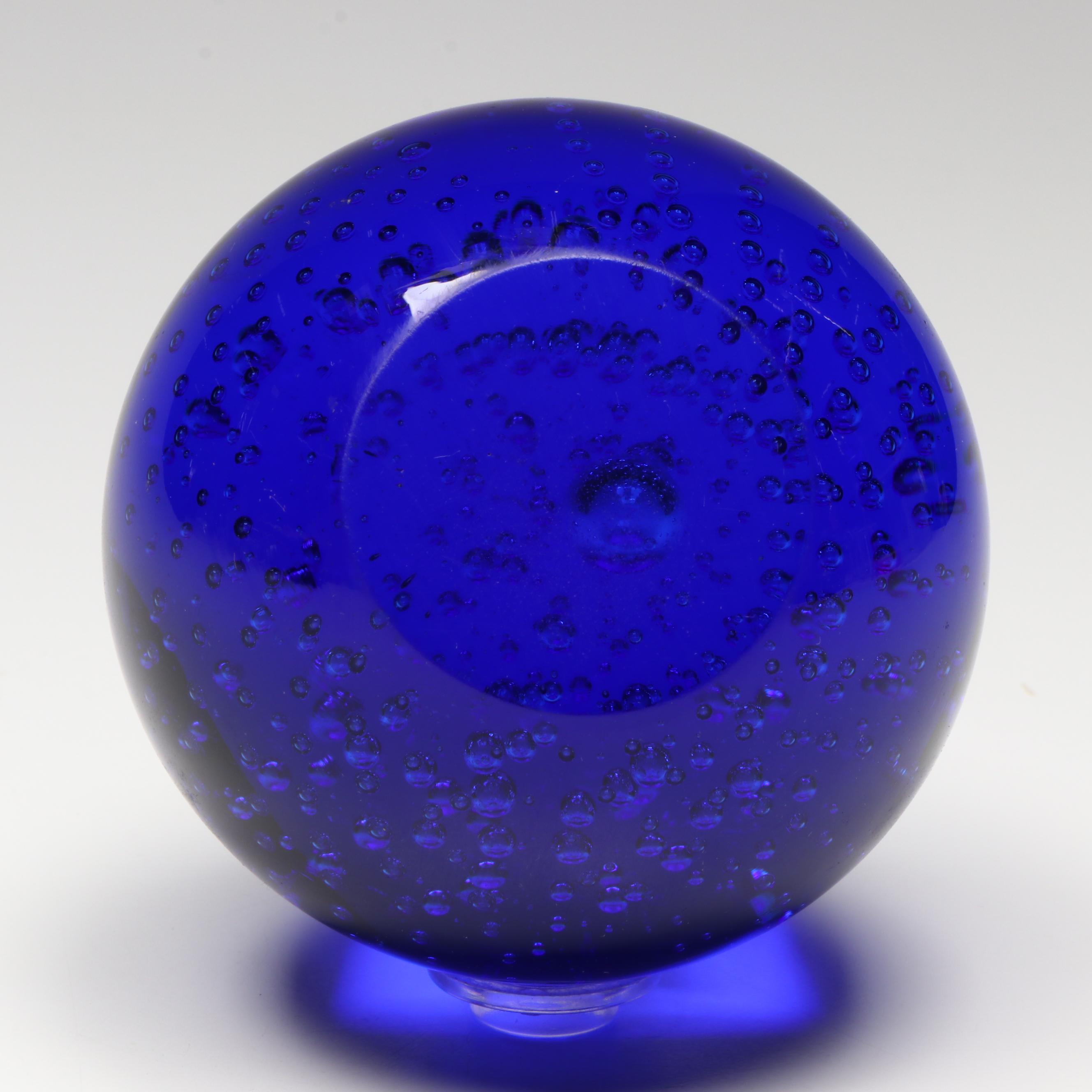 Fused Art Glass Plate and Platter with Blue Trapped Bubble Paperweight