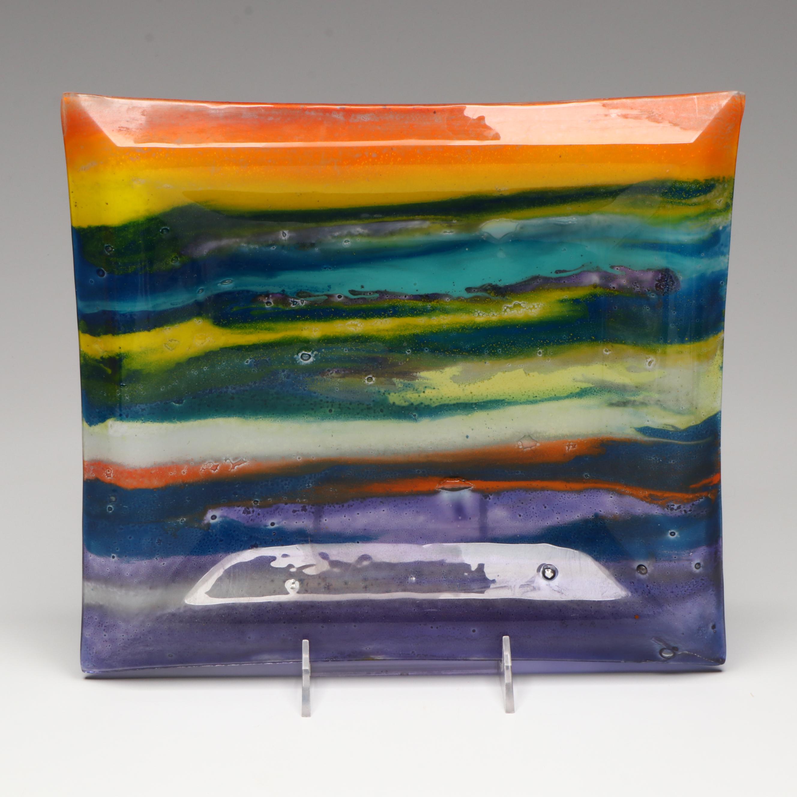 Fused Art Glass Plate and Platter with Blue Trapped Bubble Paperweight