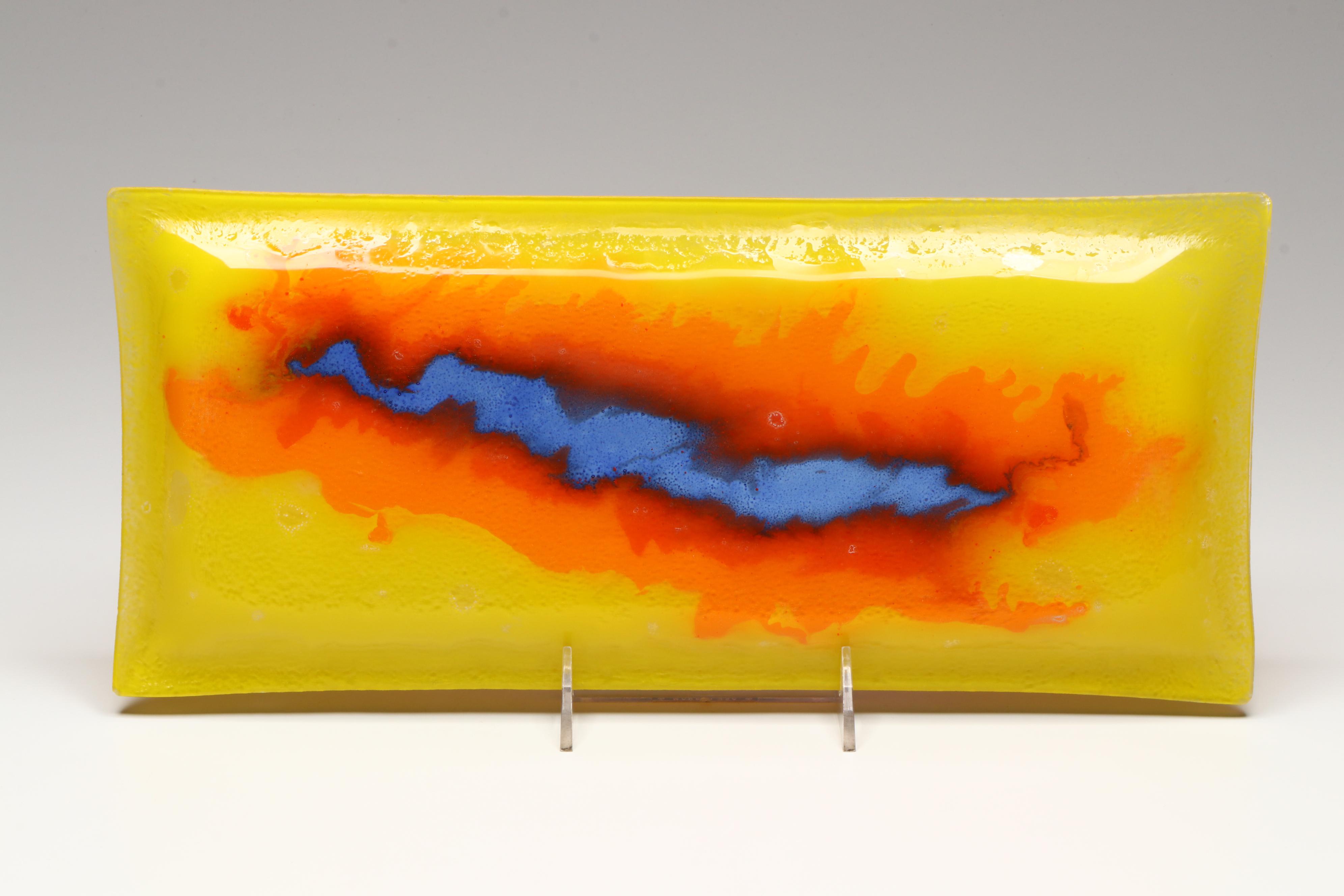 Fused Art Glass Plate and Platter with Blue Trapped Bubble Paperweight