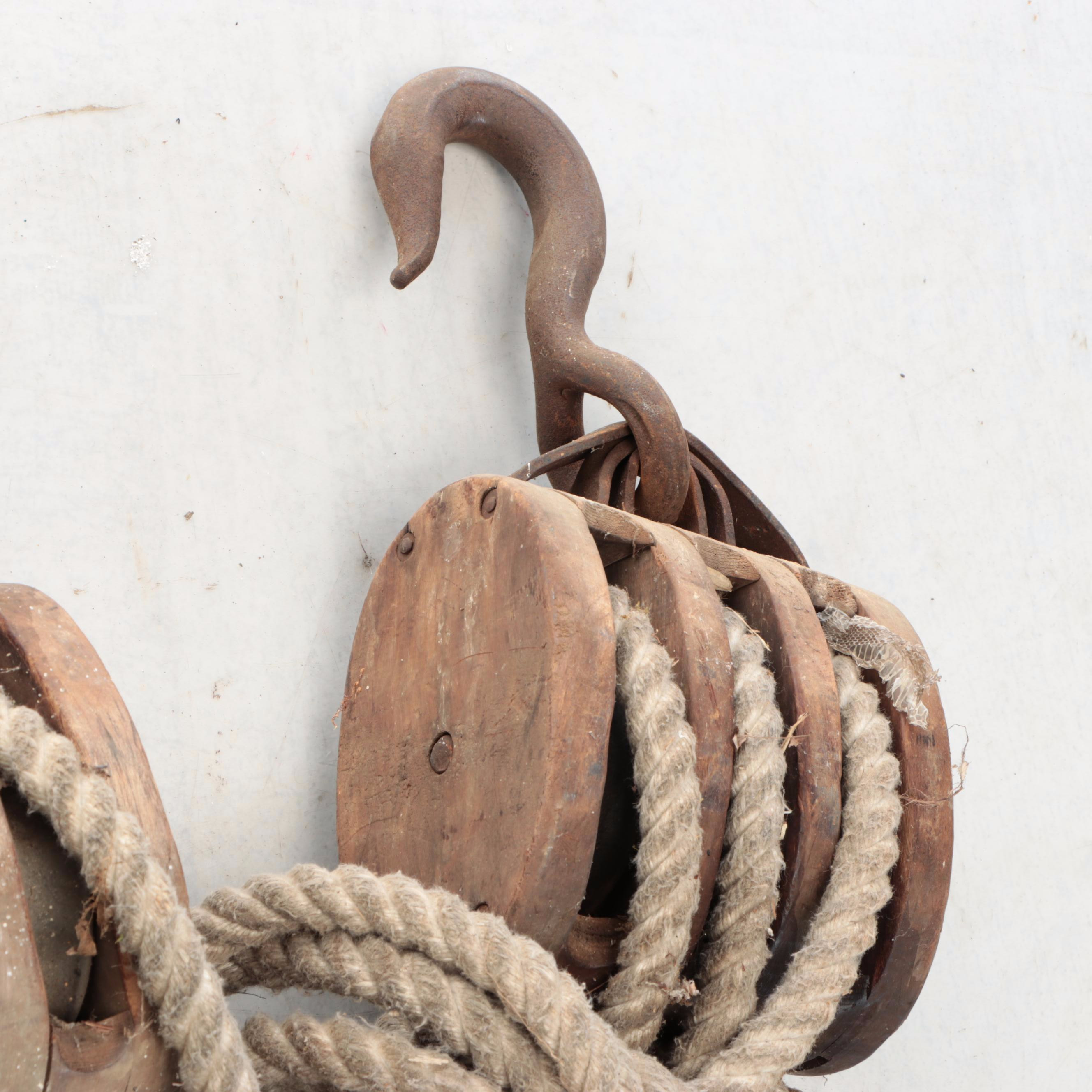 Industrial Wooden Pulley Blocks with Rope