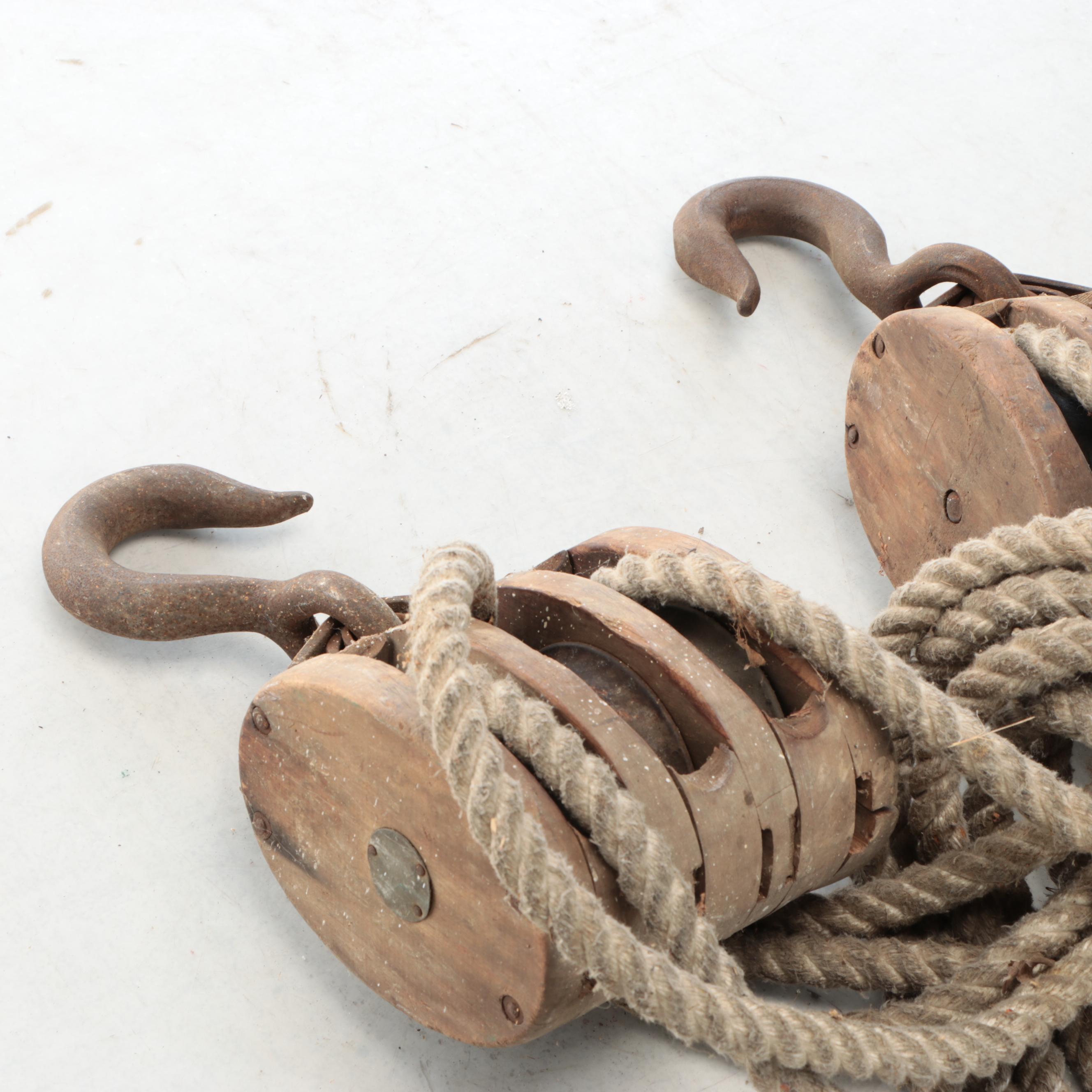 Industrial Wooden Pulley Blocks with Rope