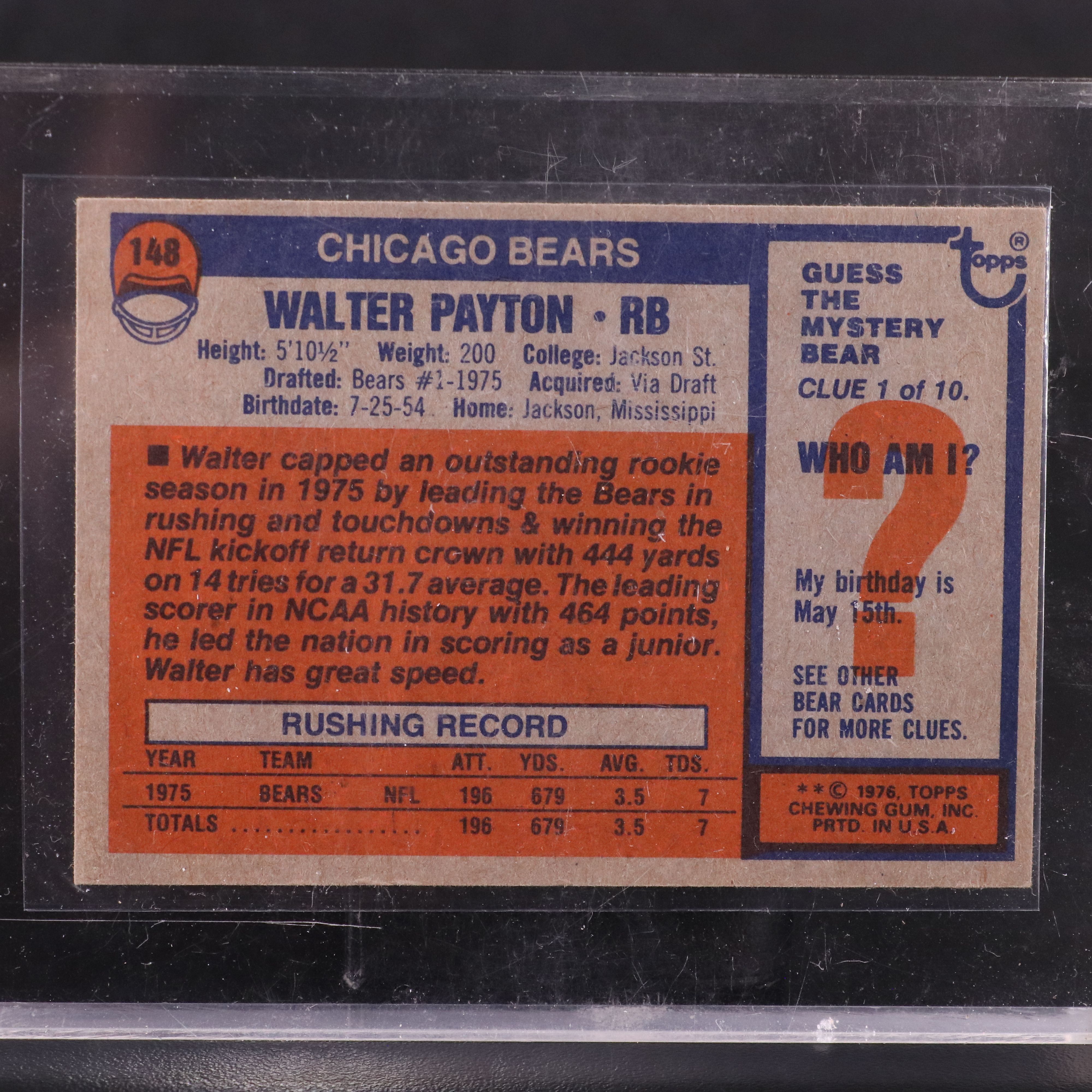1976 Topps Walter Payton Chicago Bears Rookie Football Card