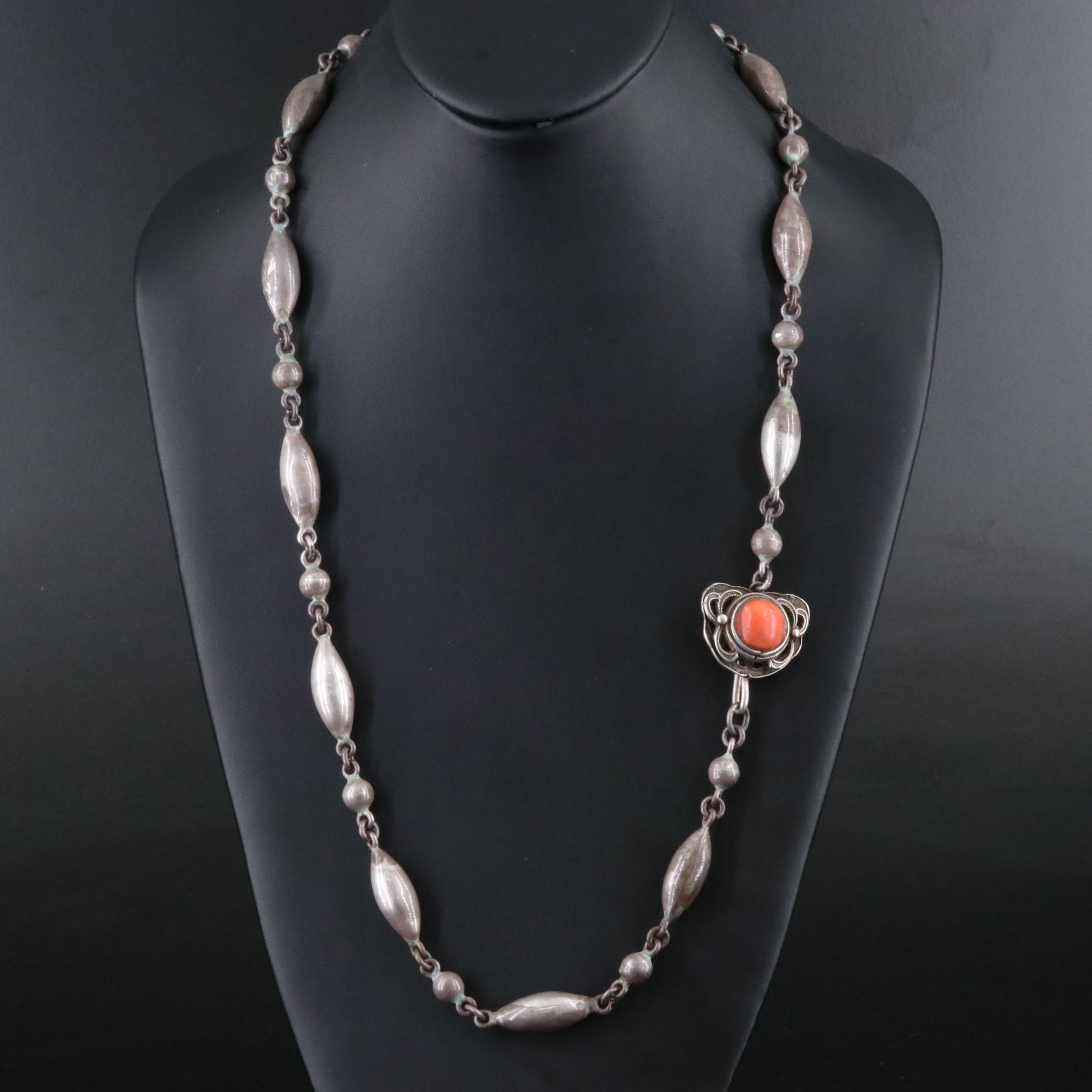 Sterling Bead Necklace with Coral Clasp