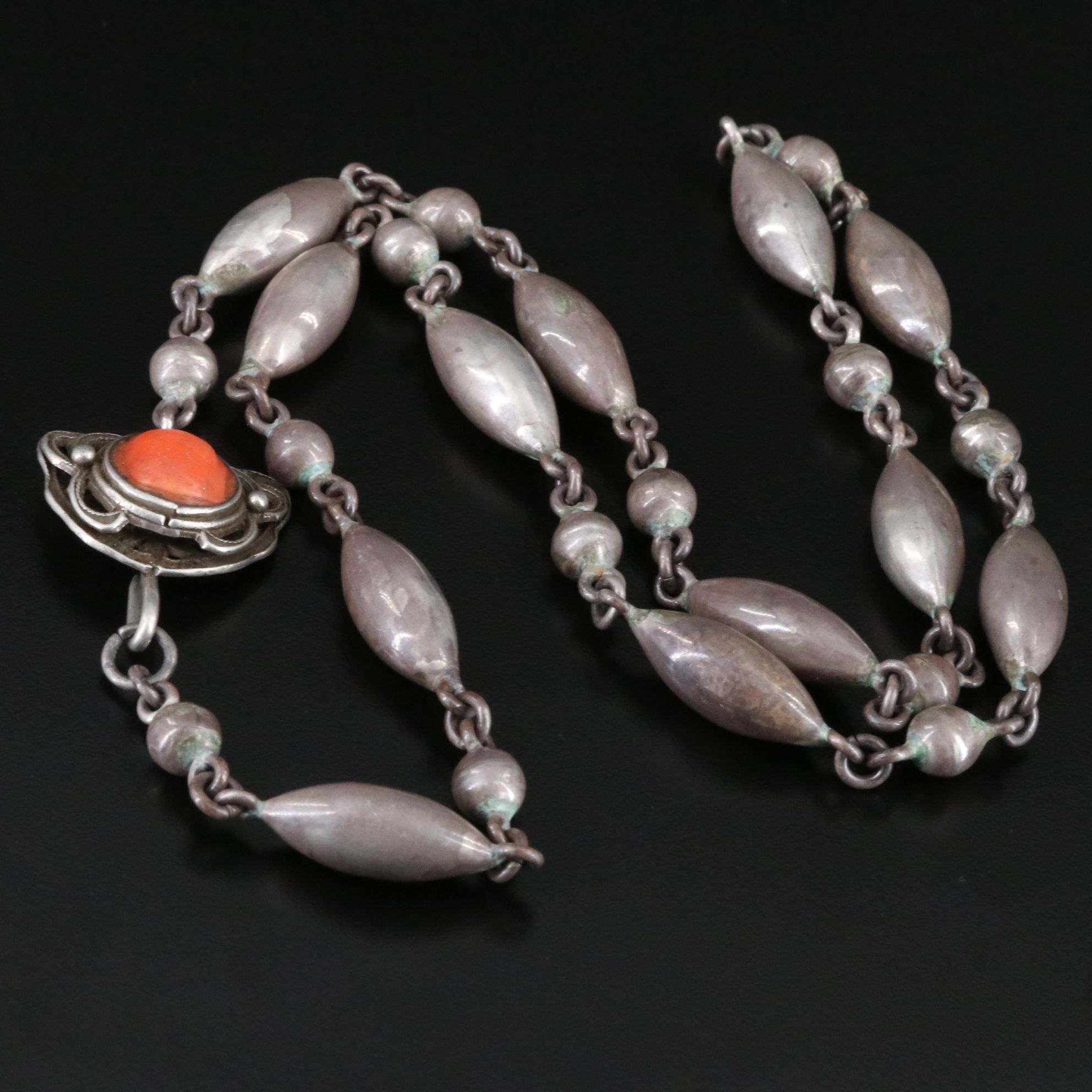 Sterling Bead Necklace with Coral Clasp