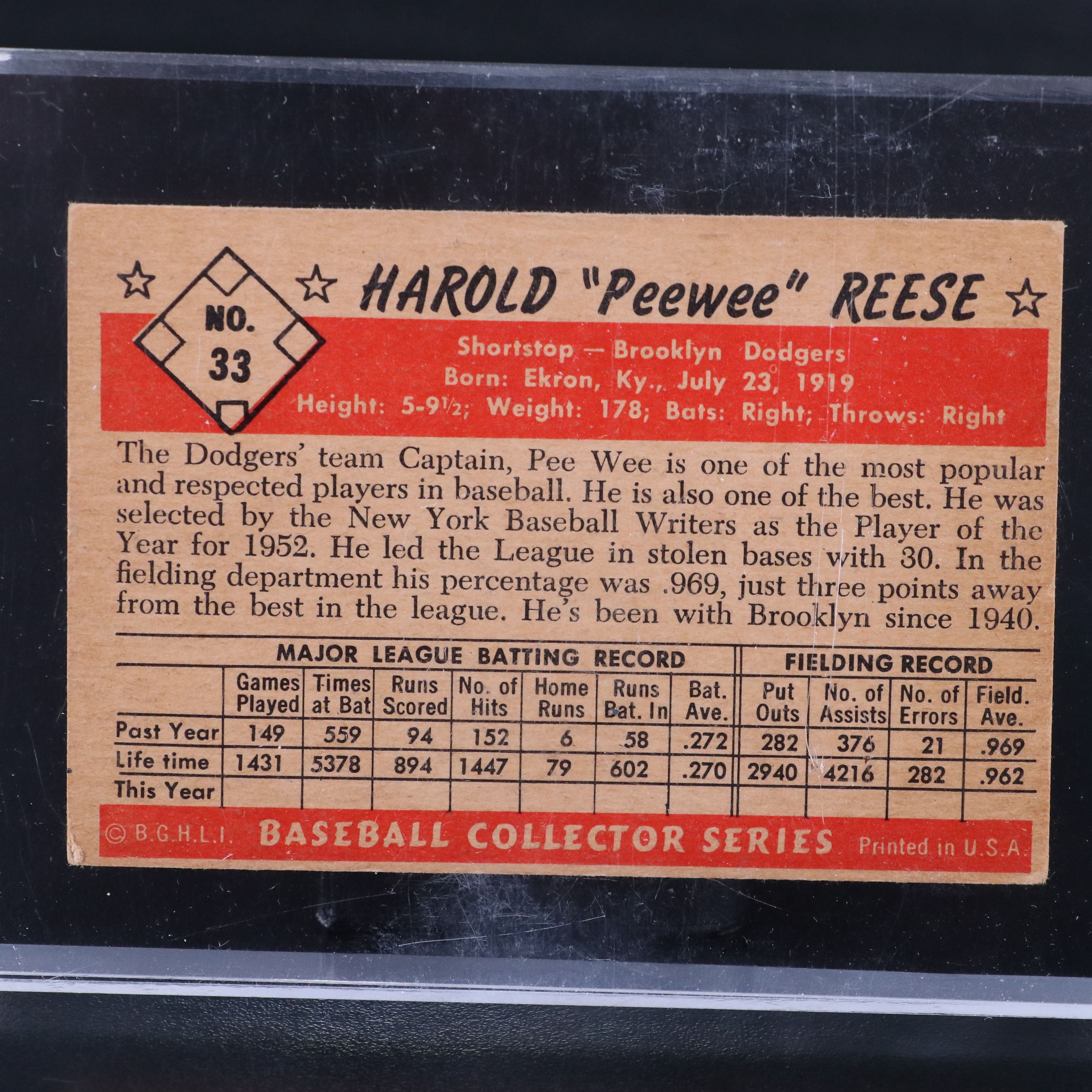 1953 Bowman Color Pee Wee Reese Brooklyn Dodgers Baseball Card