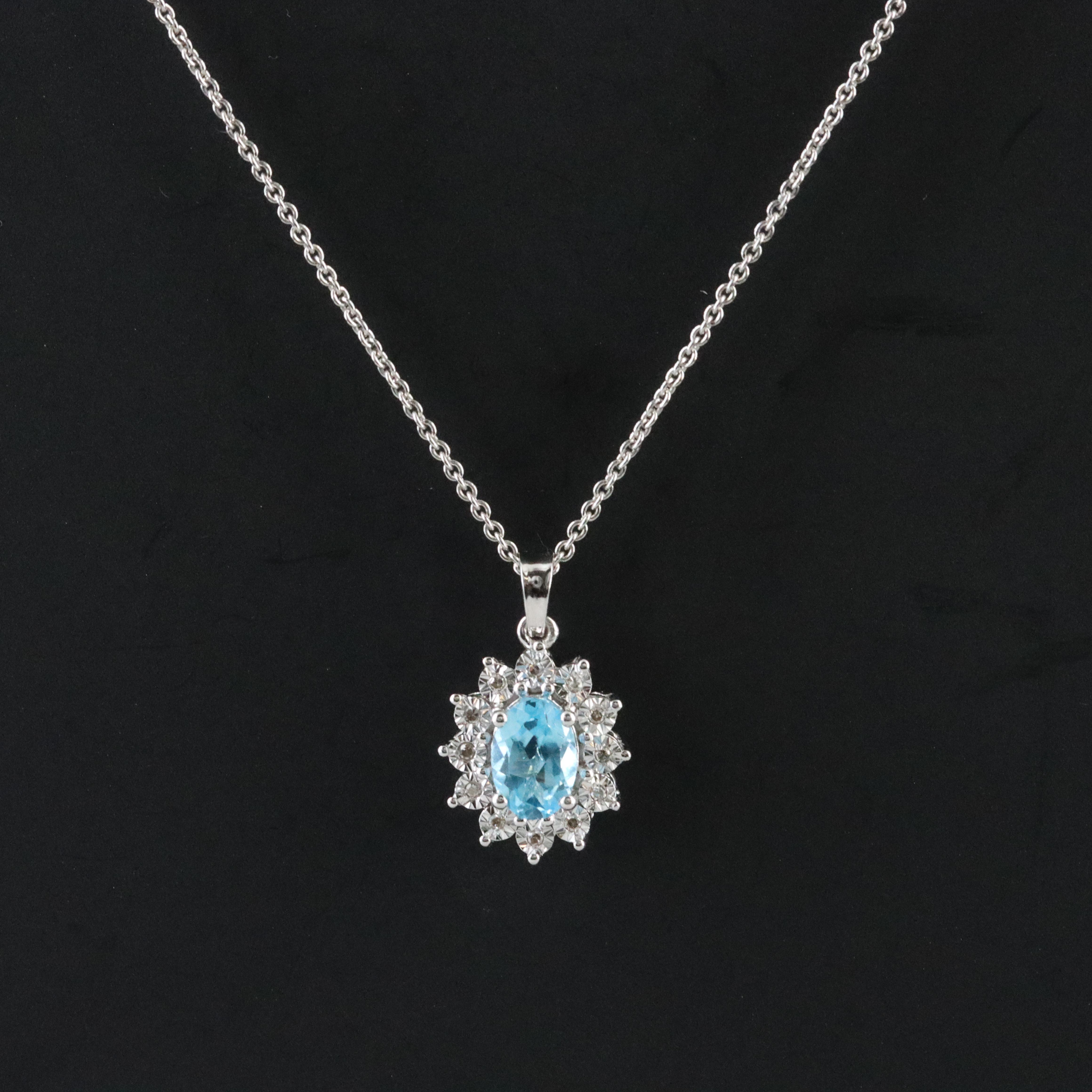Sterling Swiss Blue Topaz and Diamond Pendant Necklace