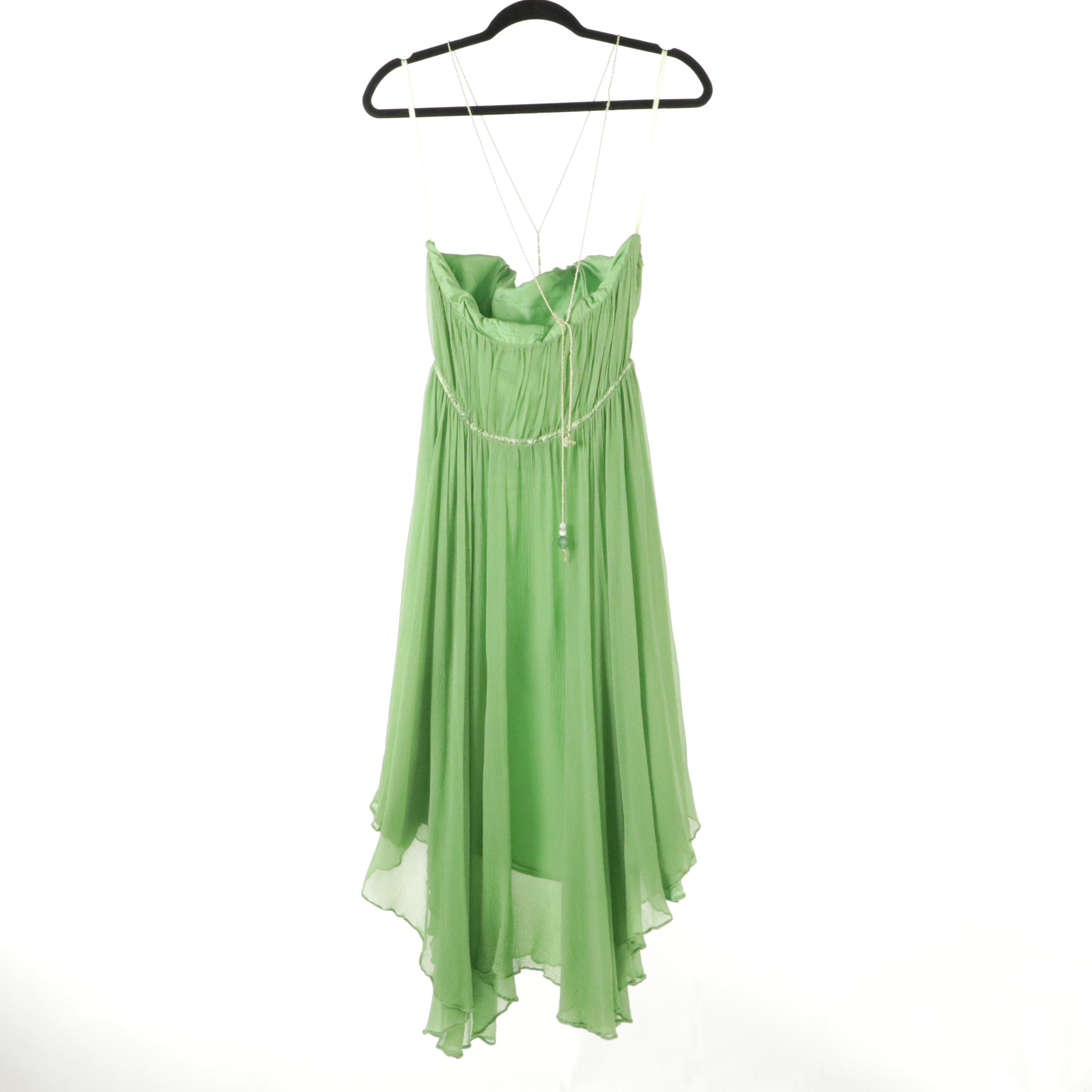 Asymmetrically Hemmed Sleeveless Halter Midi Cocktail Dress in Green Chiffon