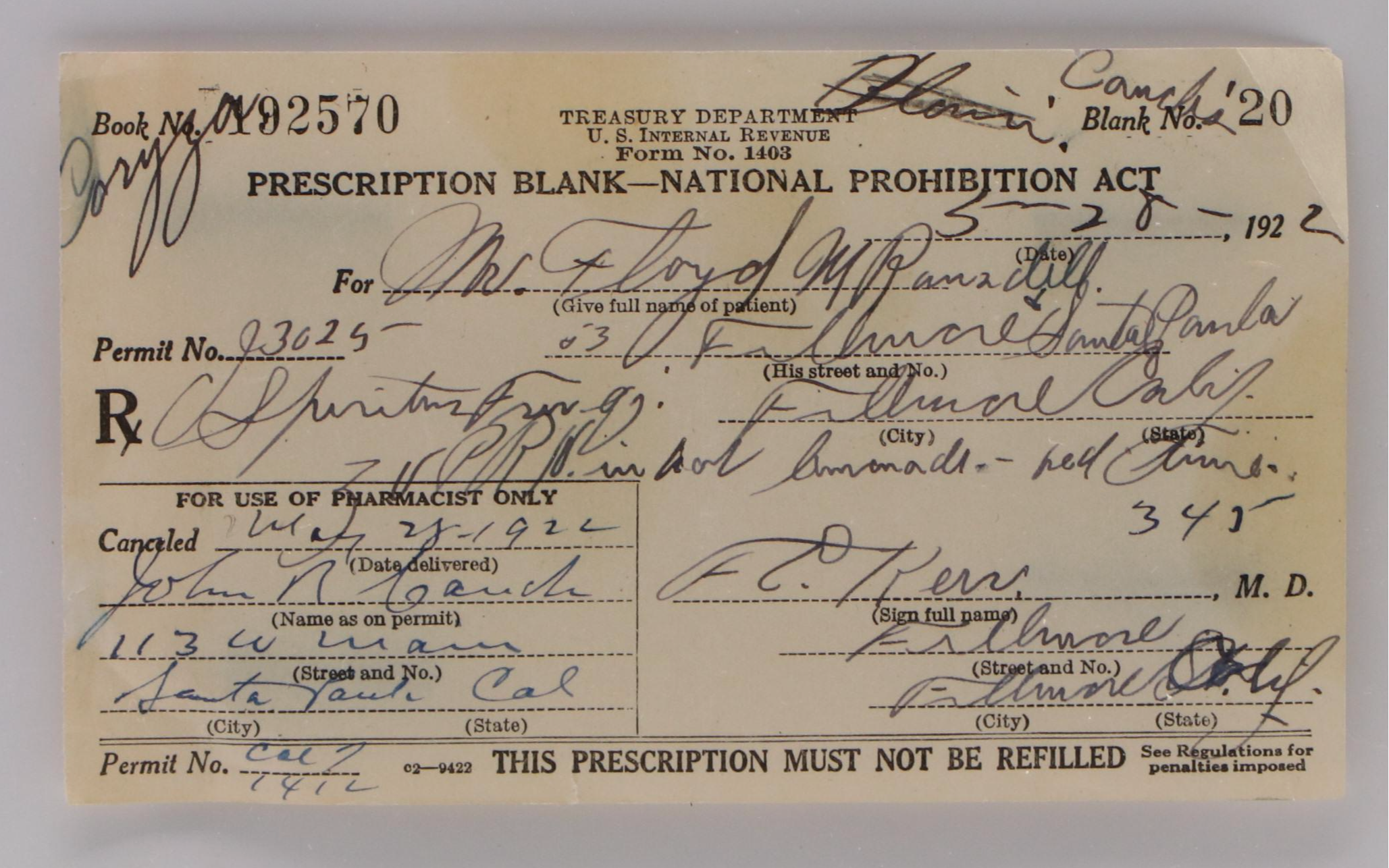Prohibition Era Prescription Form for Alcohol, 1922
