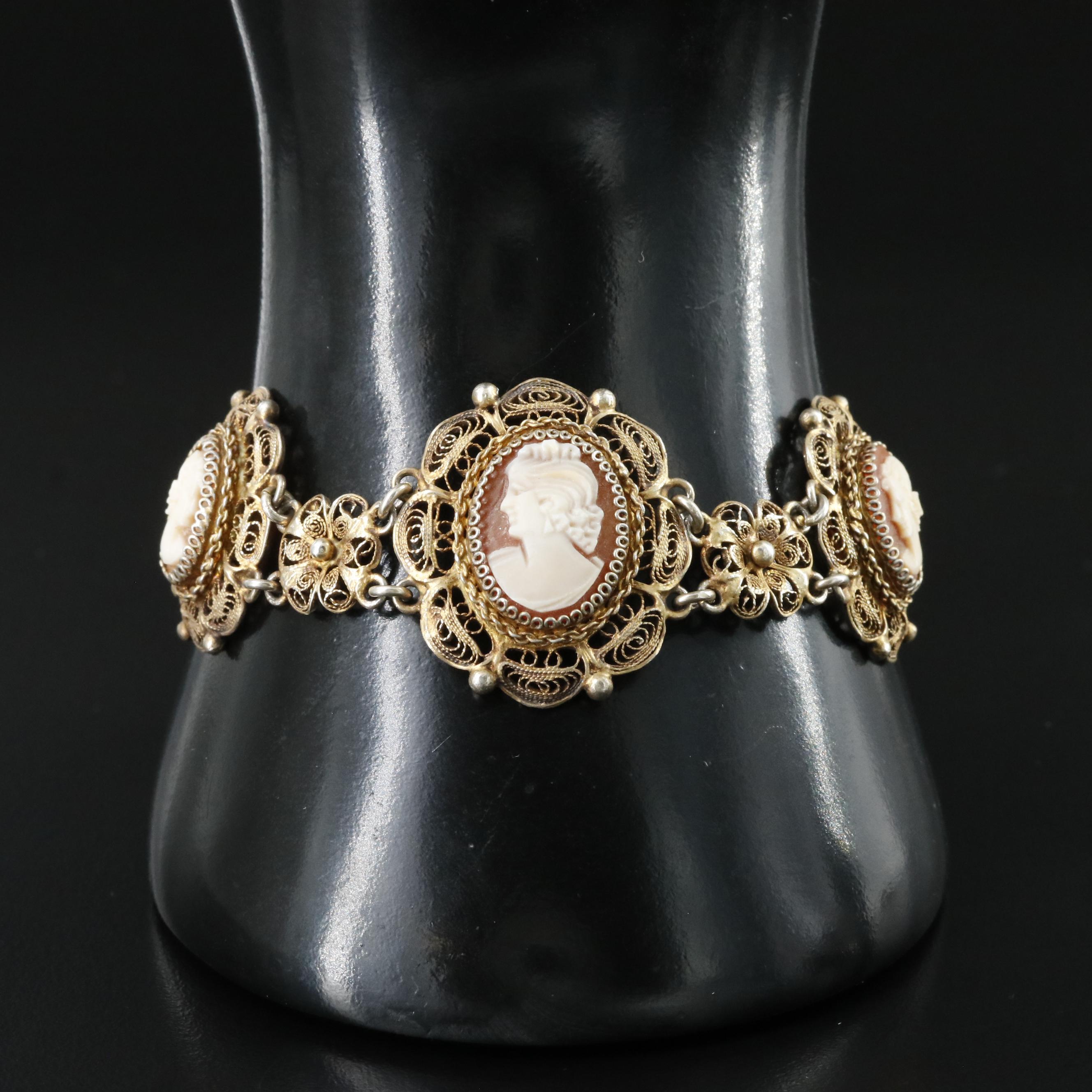 Vintage 800 Silver Shell Cameo Cannetille Bracelet