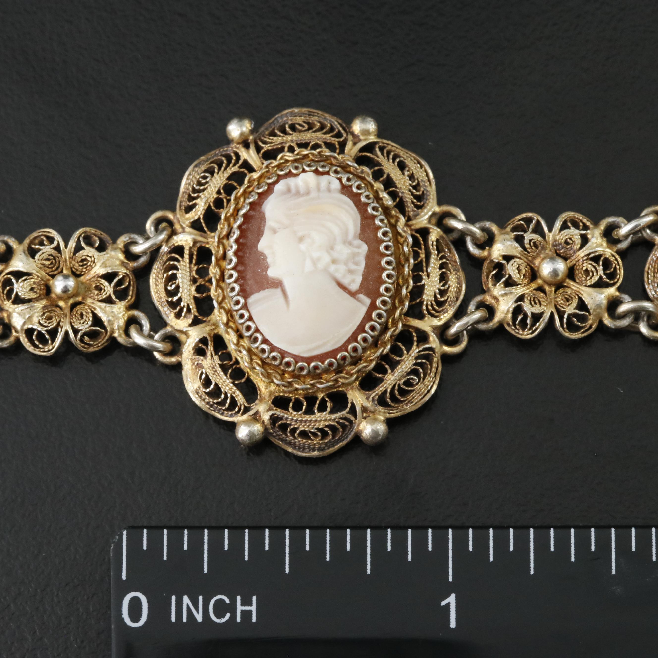 Vintage 800 Silver Shell Cameo Cannetille Bracelet