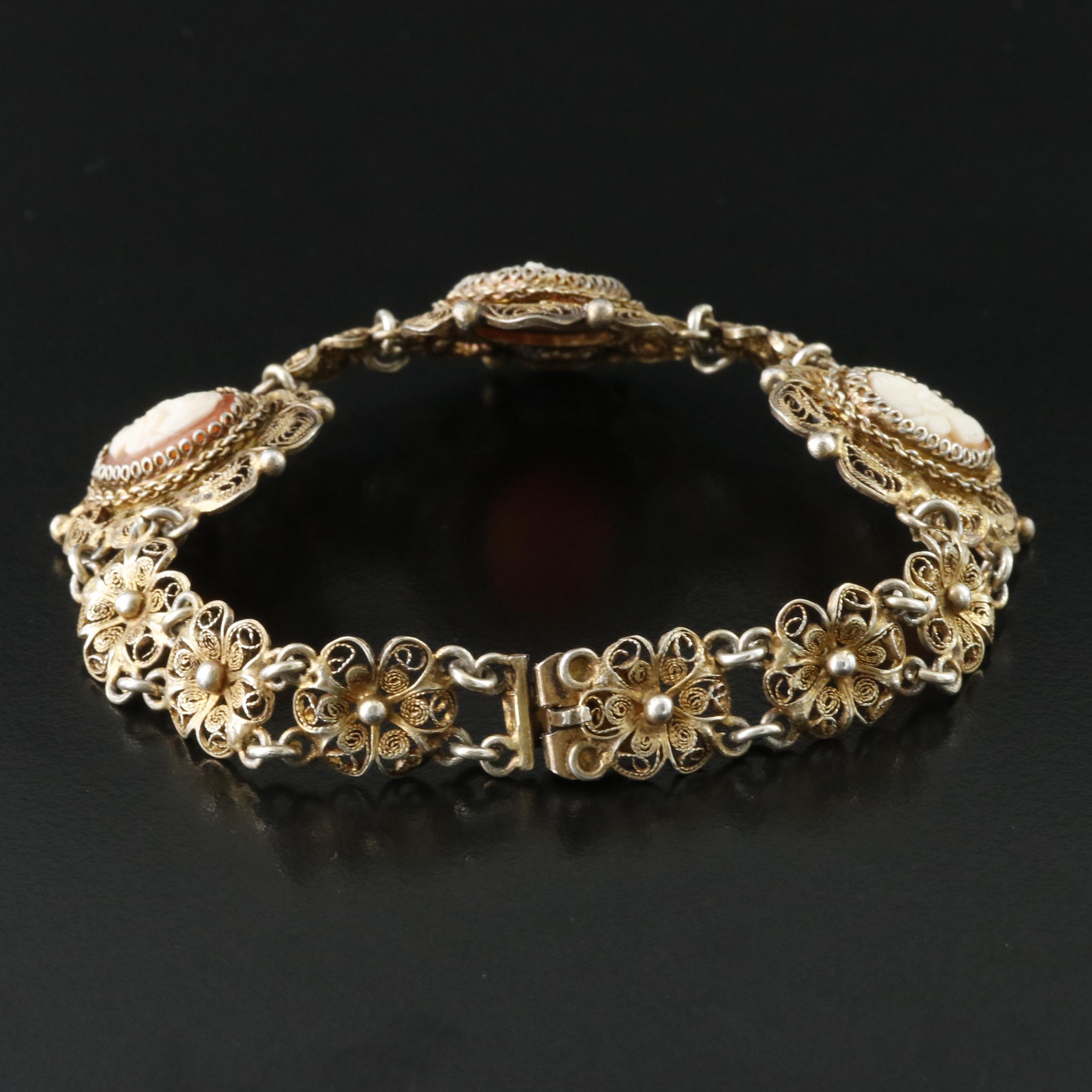 Vintage 800 Silver Shell Cameo Cannetille Bracelet