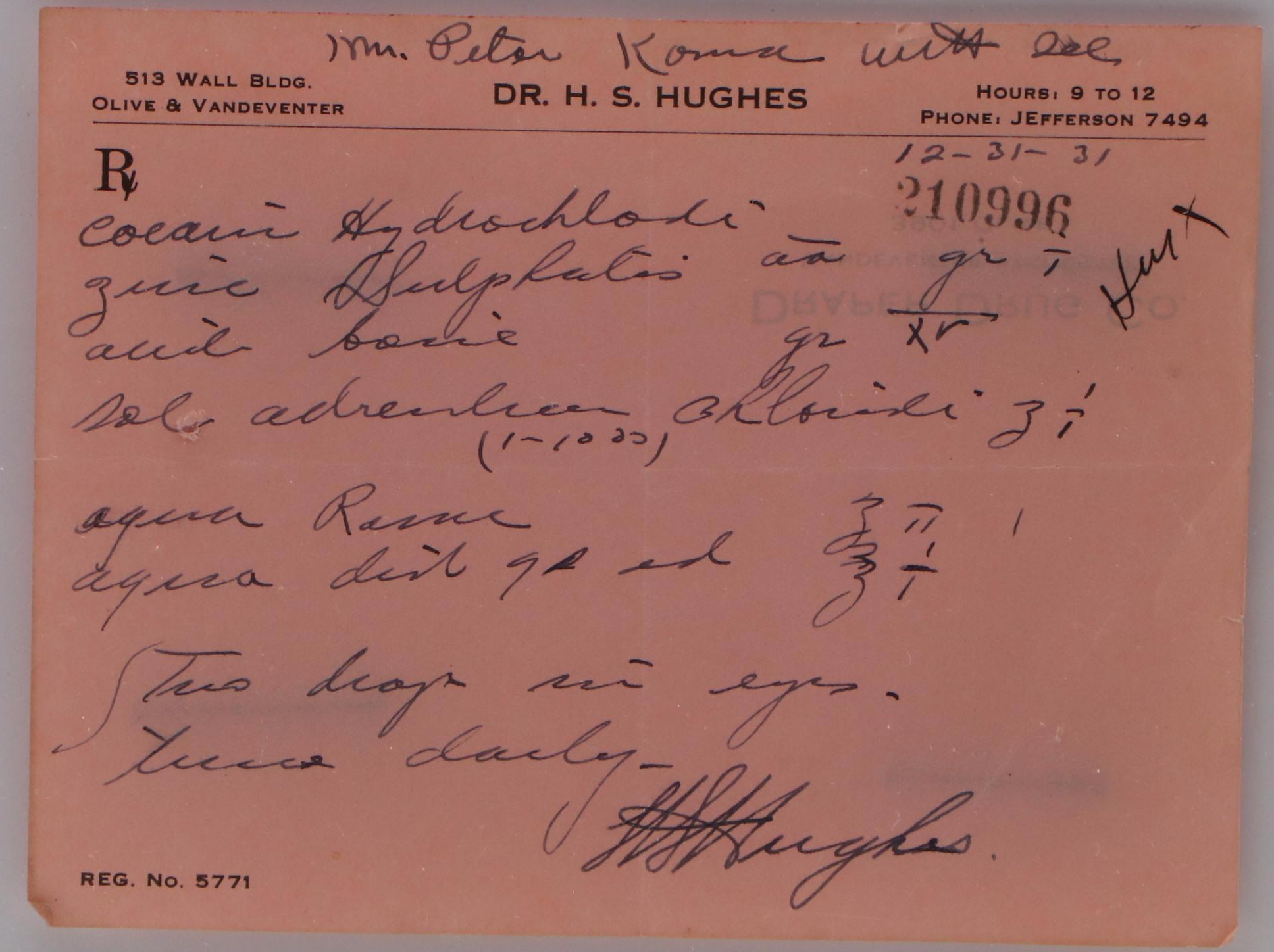 Prescription Form for Cocaine, 1931