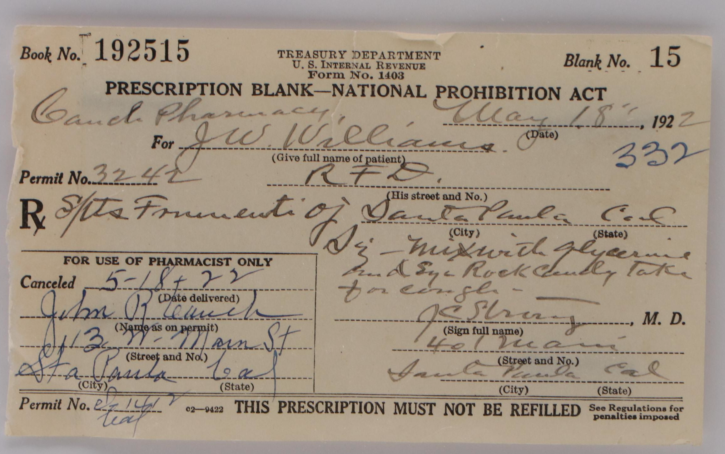 Prohibition Era Prescription Form for Alcohol, 1922