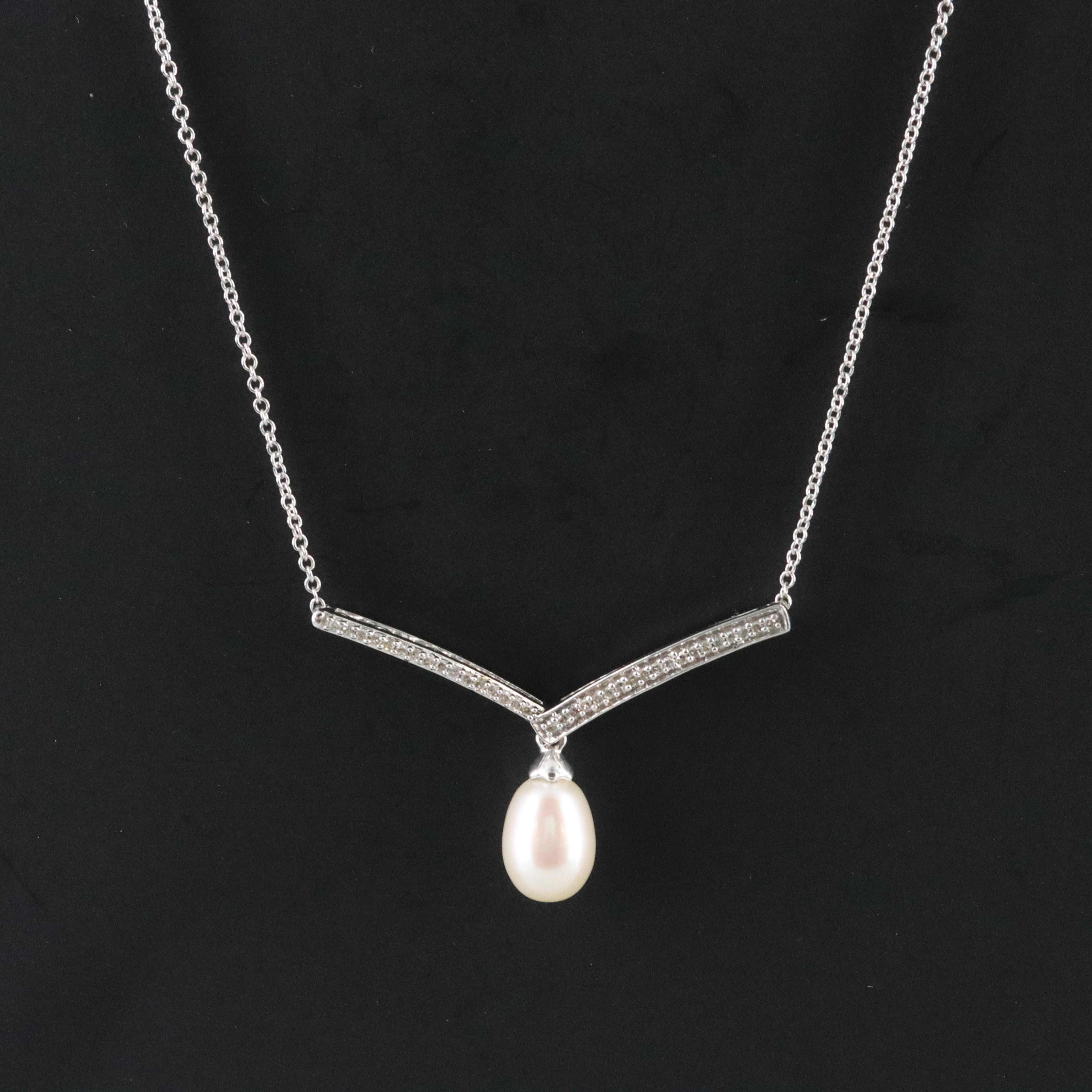 Sterling Pearl and Diamond Chevron Necklace