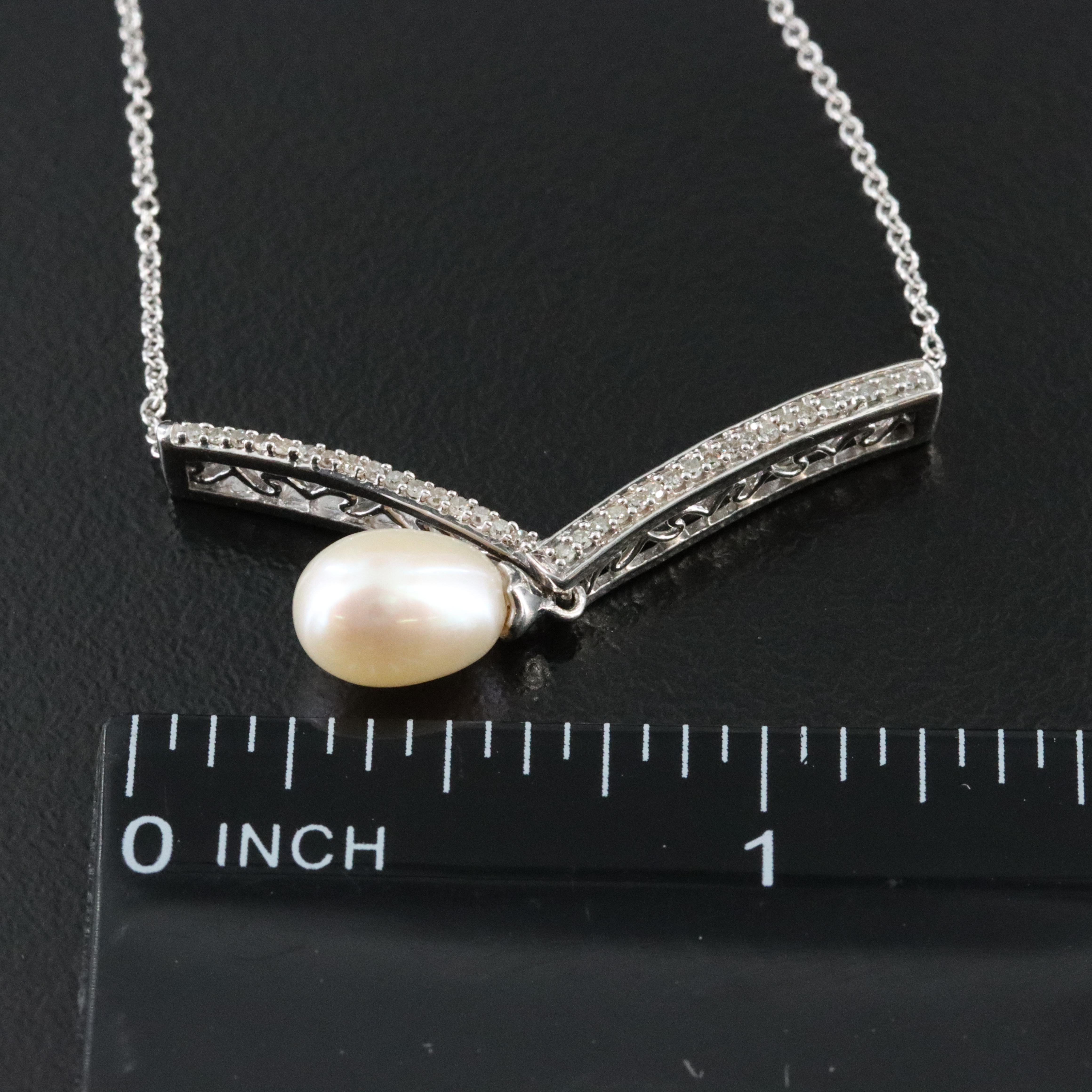 Sterling Pearl and Diamond Chevron Necklace