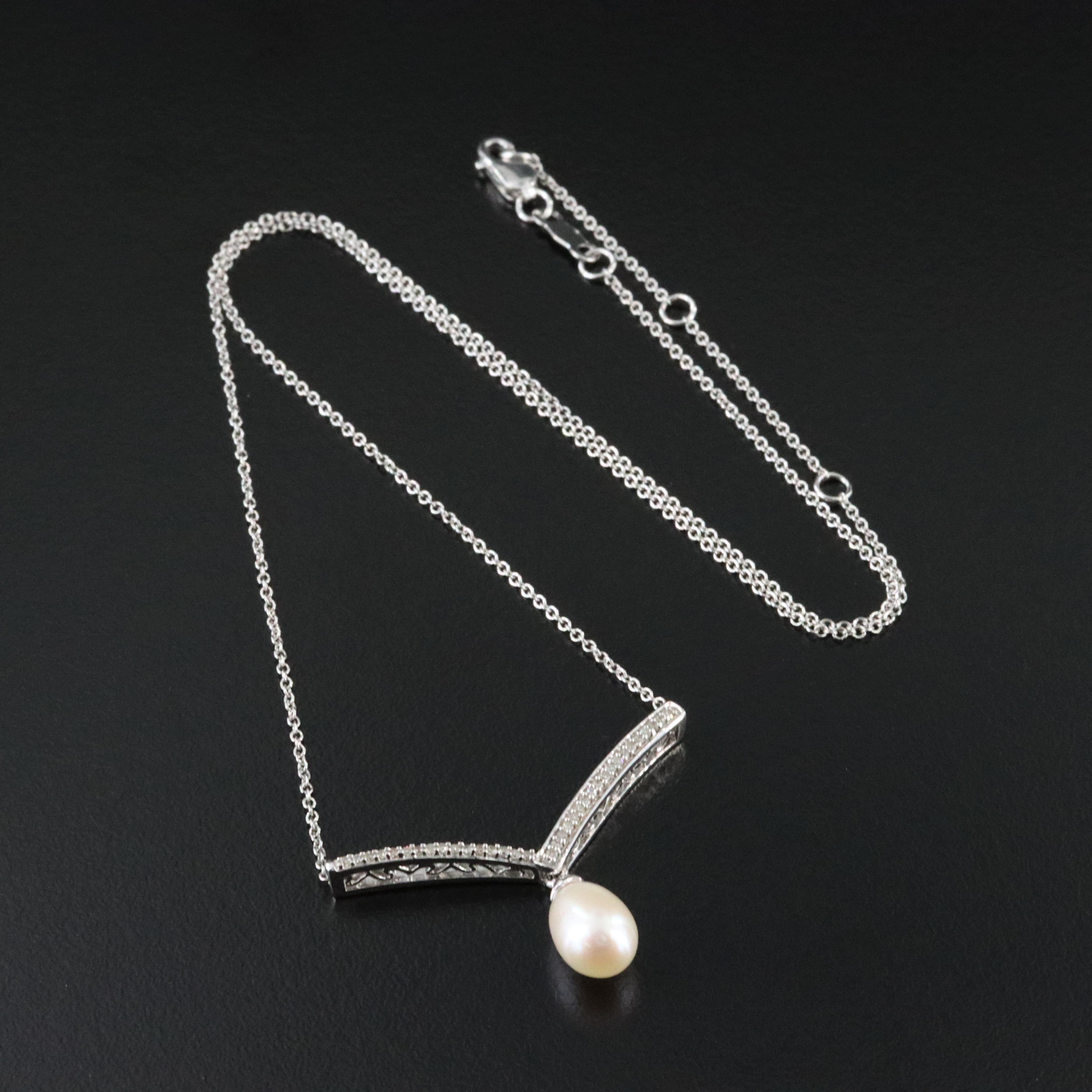 Sterling Pearl and Diamond Chevron Necklace