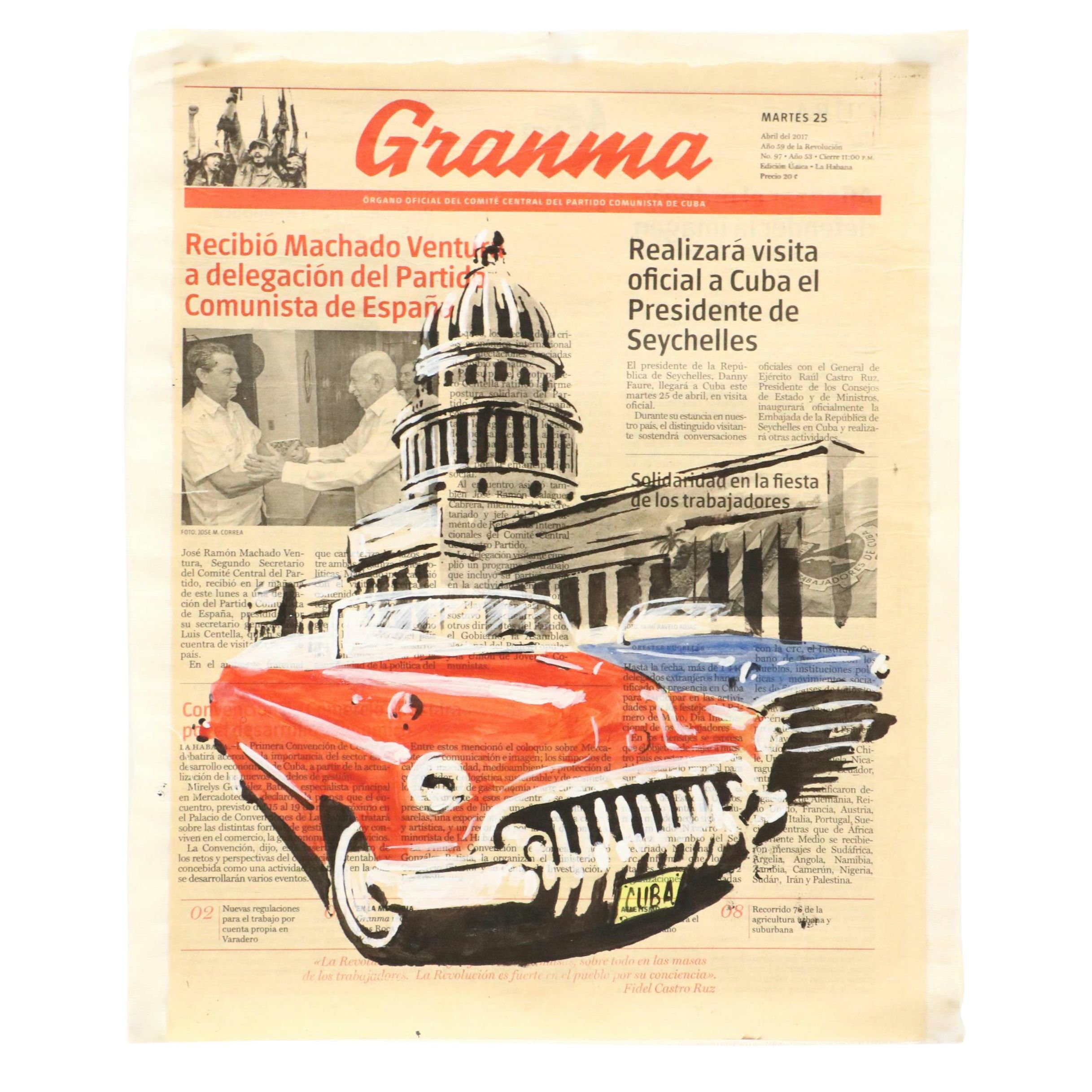 Cuban Cityscape Mixed Media Painting, Late 20th/21st Century