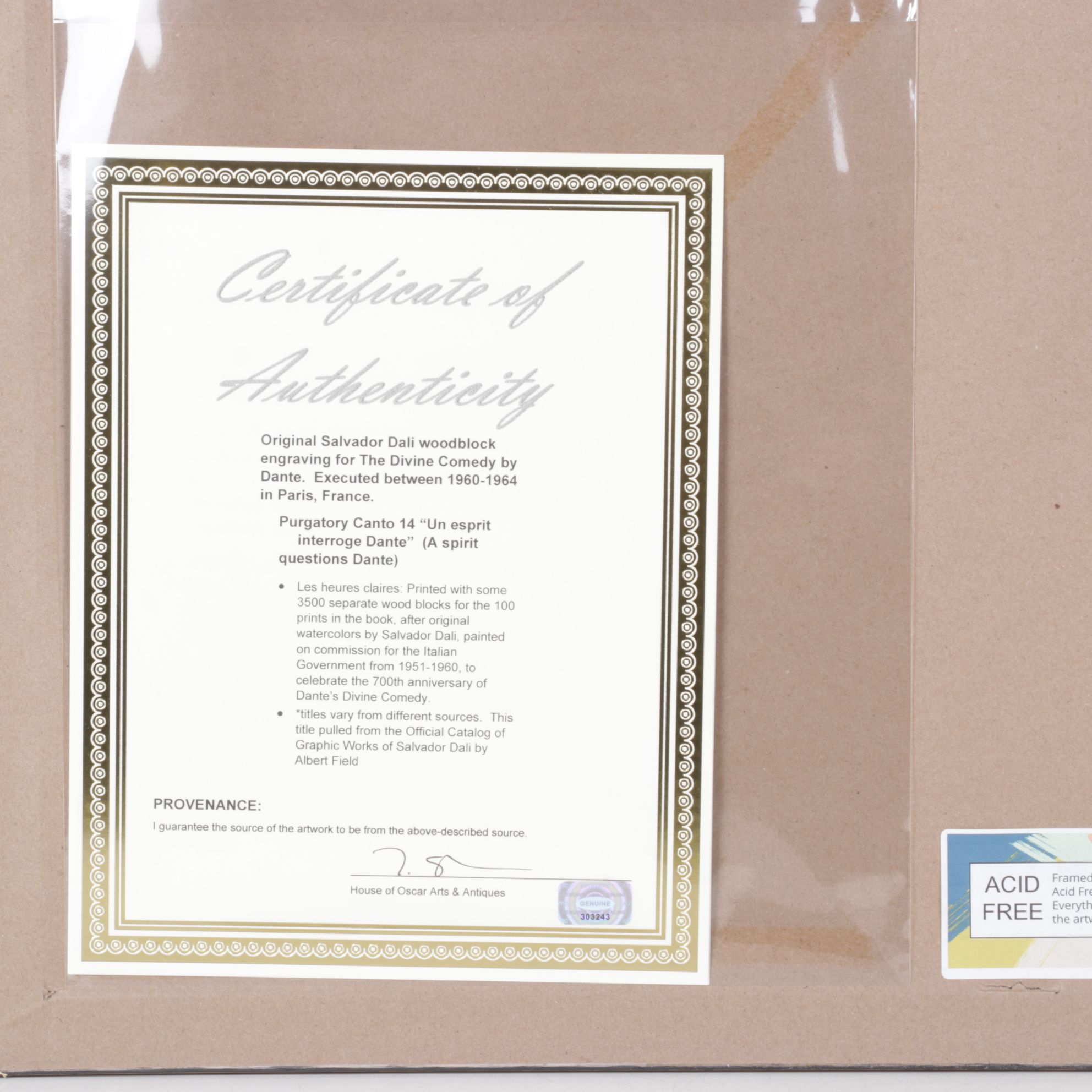 Salvador Dalí Wood Engraving "Un Esprit Interroge Dante"