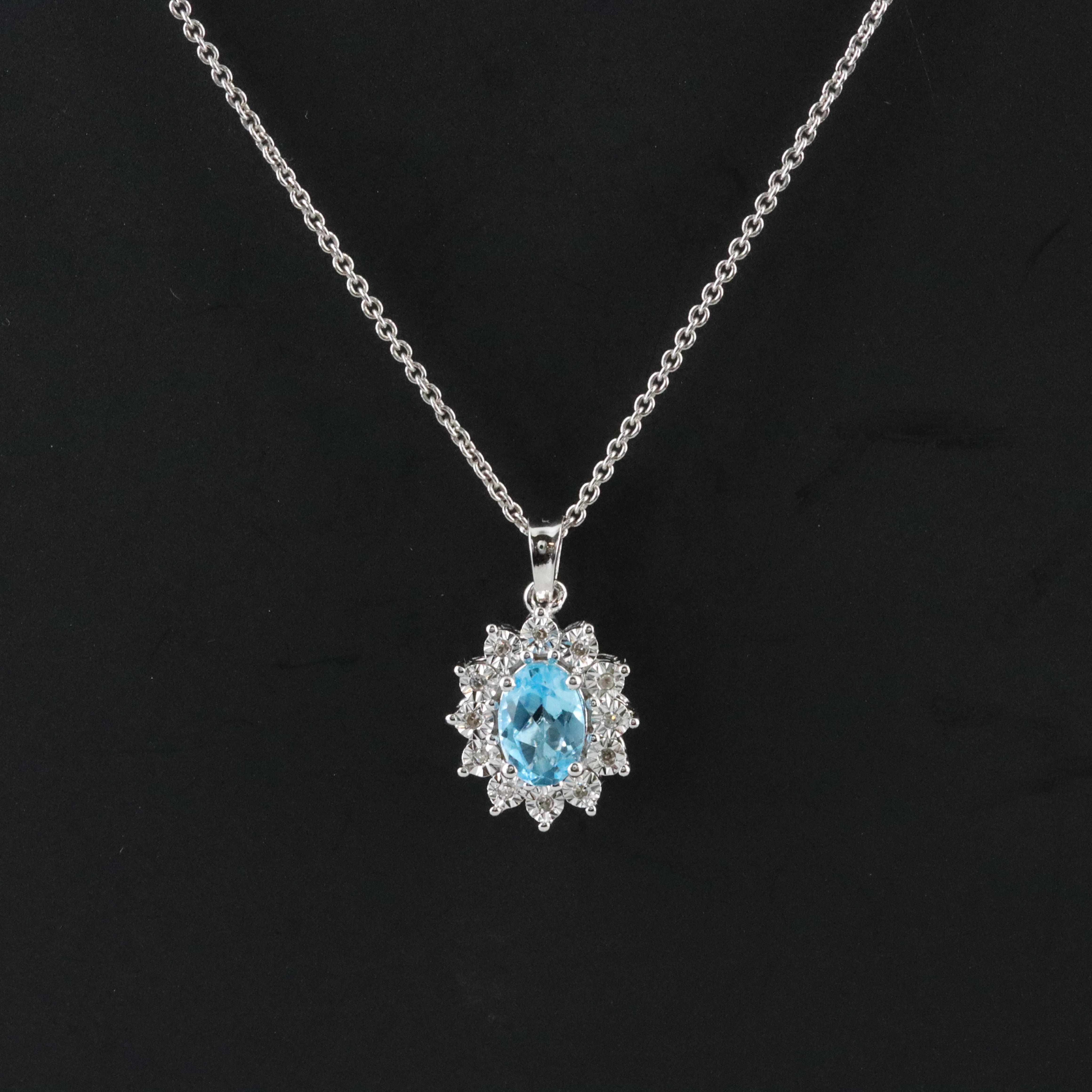 Sterling Swiss Blue Topaz and Diamond Pendant Necklace