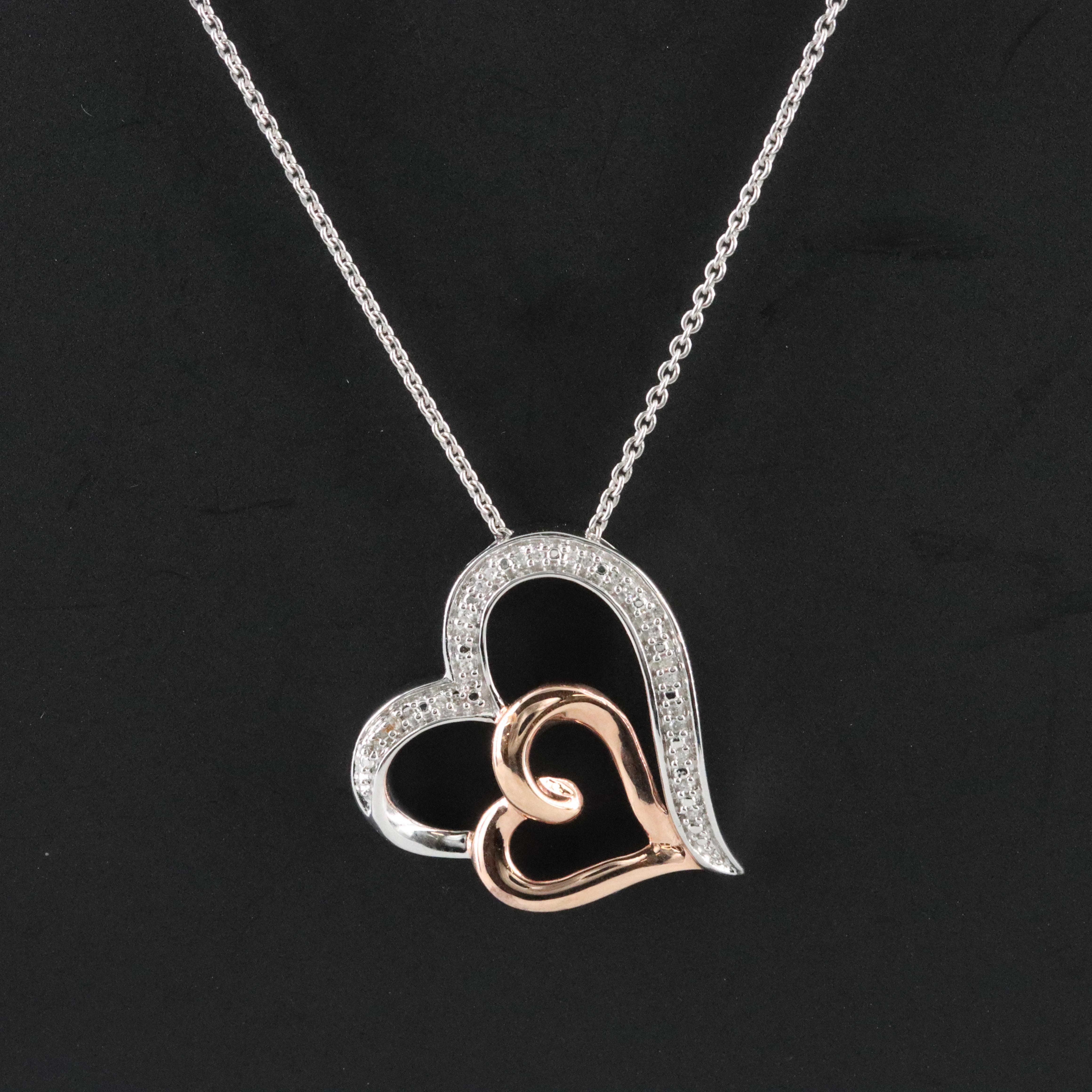 Sterling Diamond Double Heart Pendant Necklace