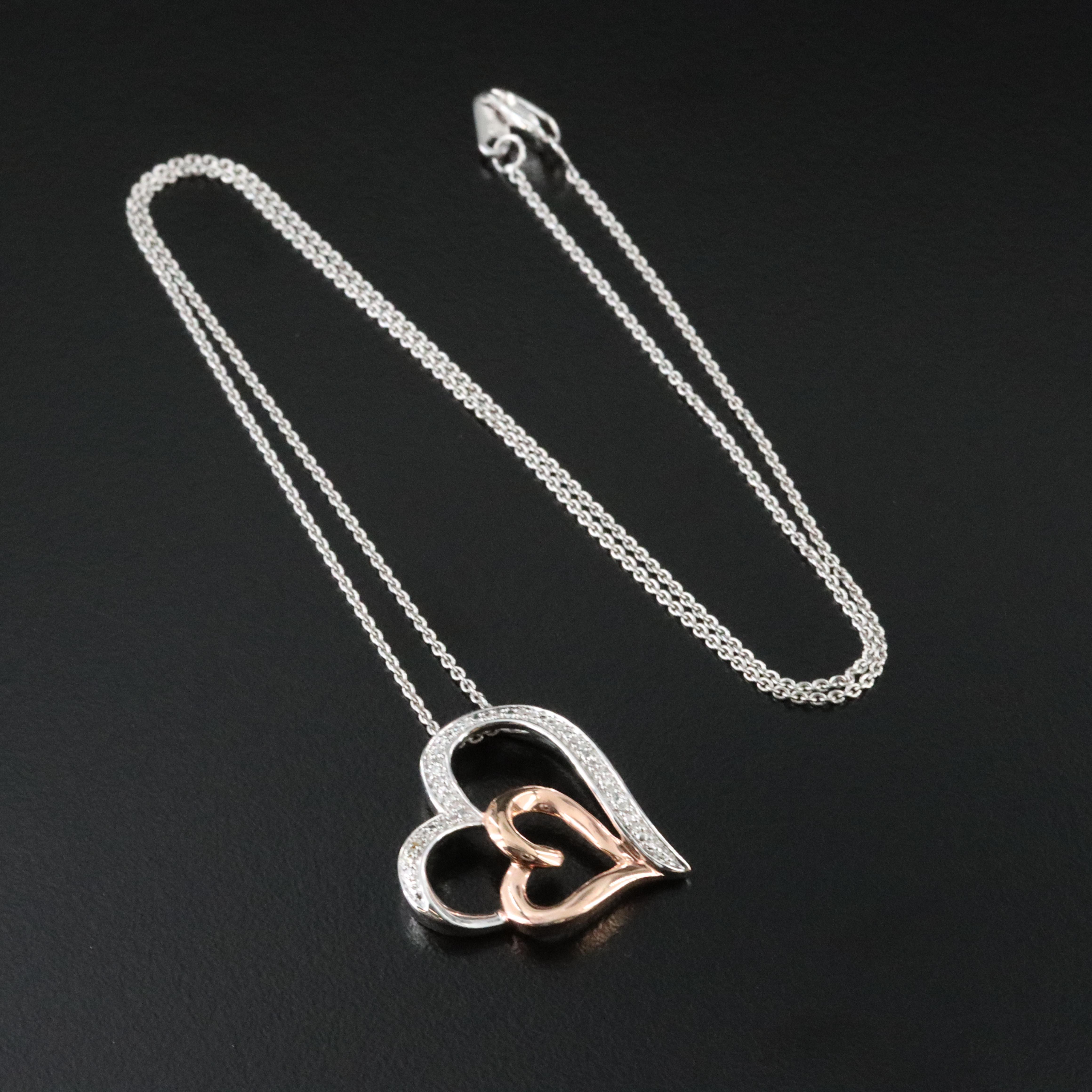 Sterling Diamond Double Heart Pendant Necklace