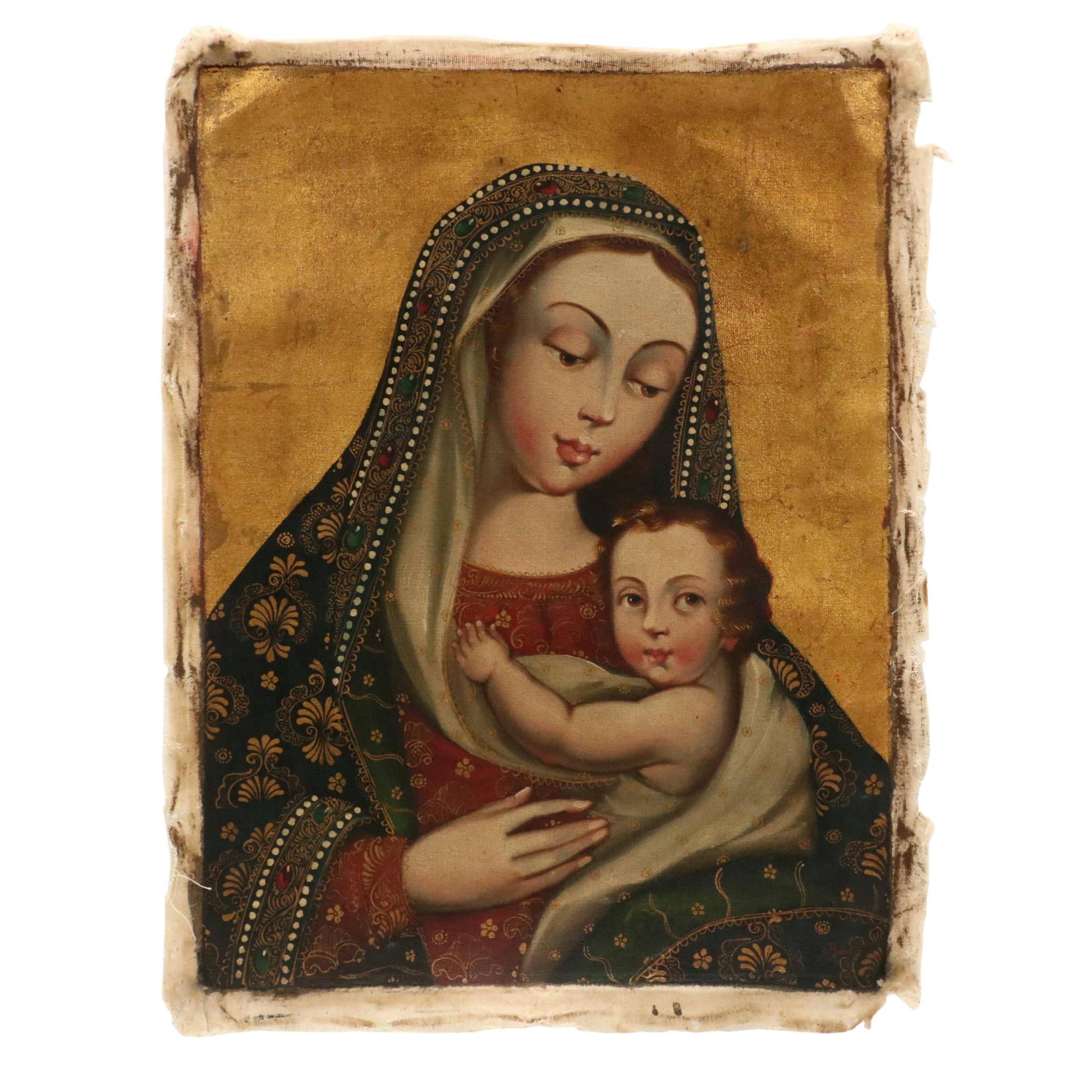 Cuzco School Style Oil Painting of Madonna and Child