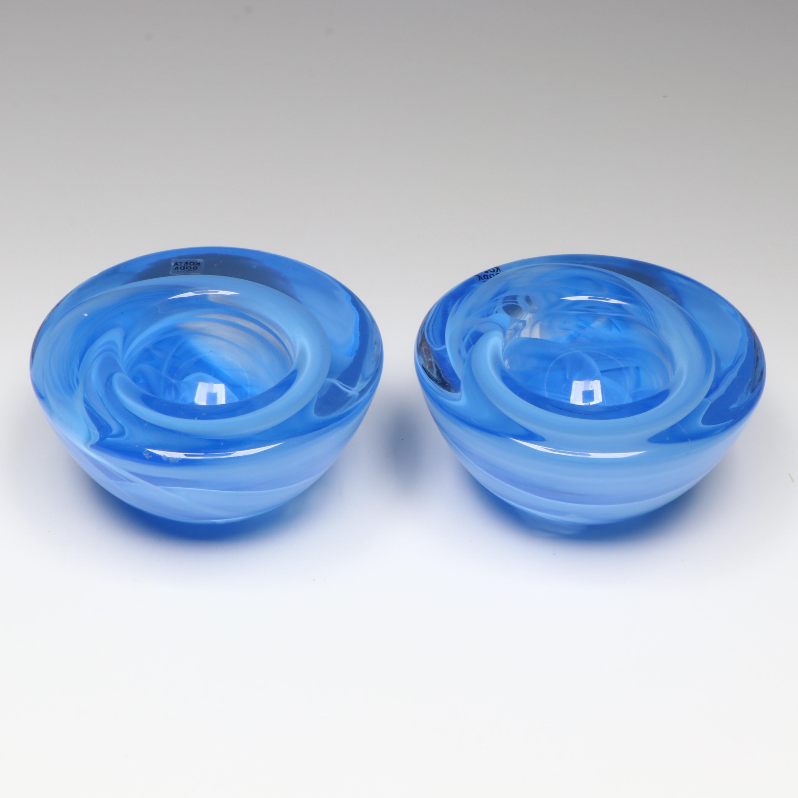 Kosta Boda "Atoll" Blue Swirl Art Glass Candle Holders