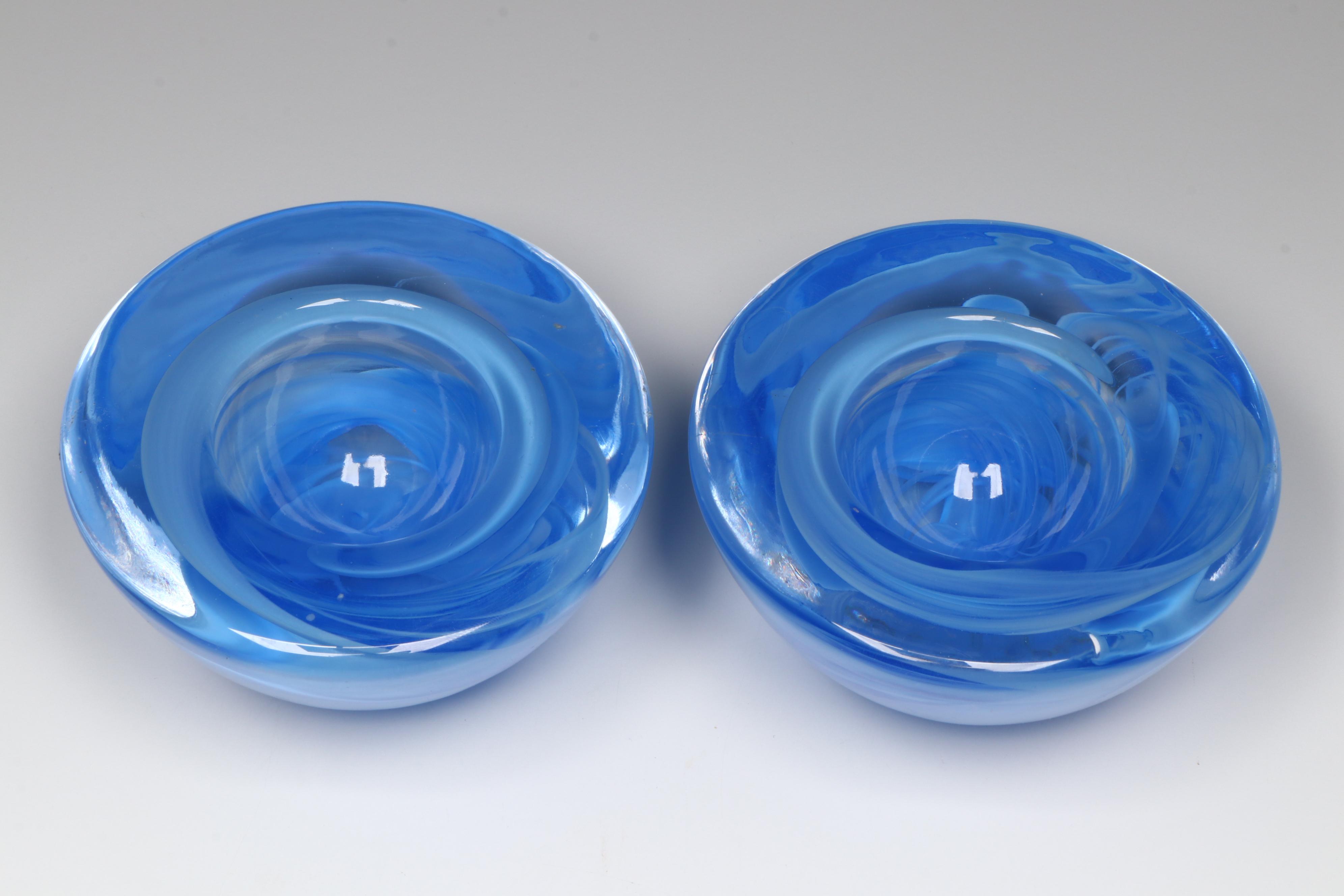 Kosta Boda "Atoll" Blue Swirl Art Glass Candle Holders