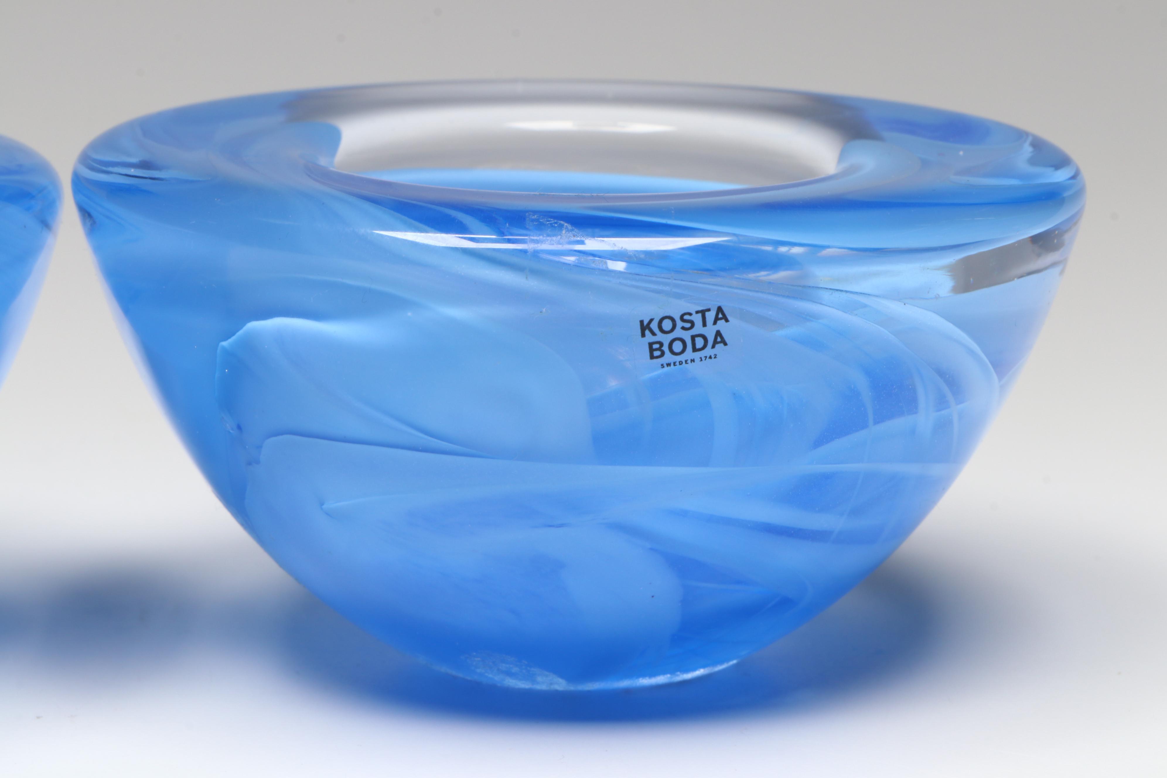 Kosta Boda "Atoll" Blue Swirl Art Glass Candle Holders