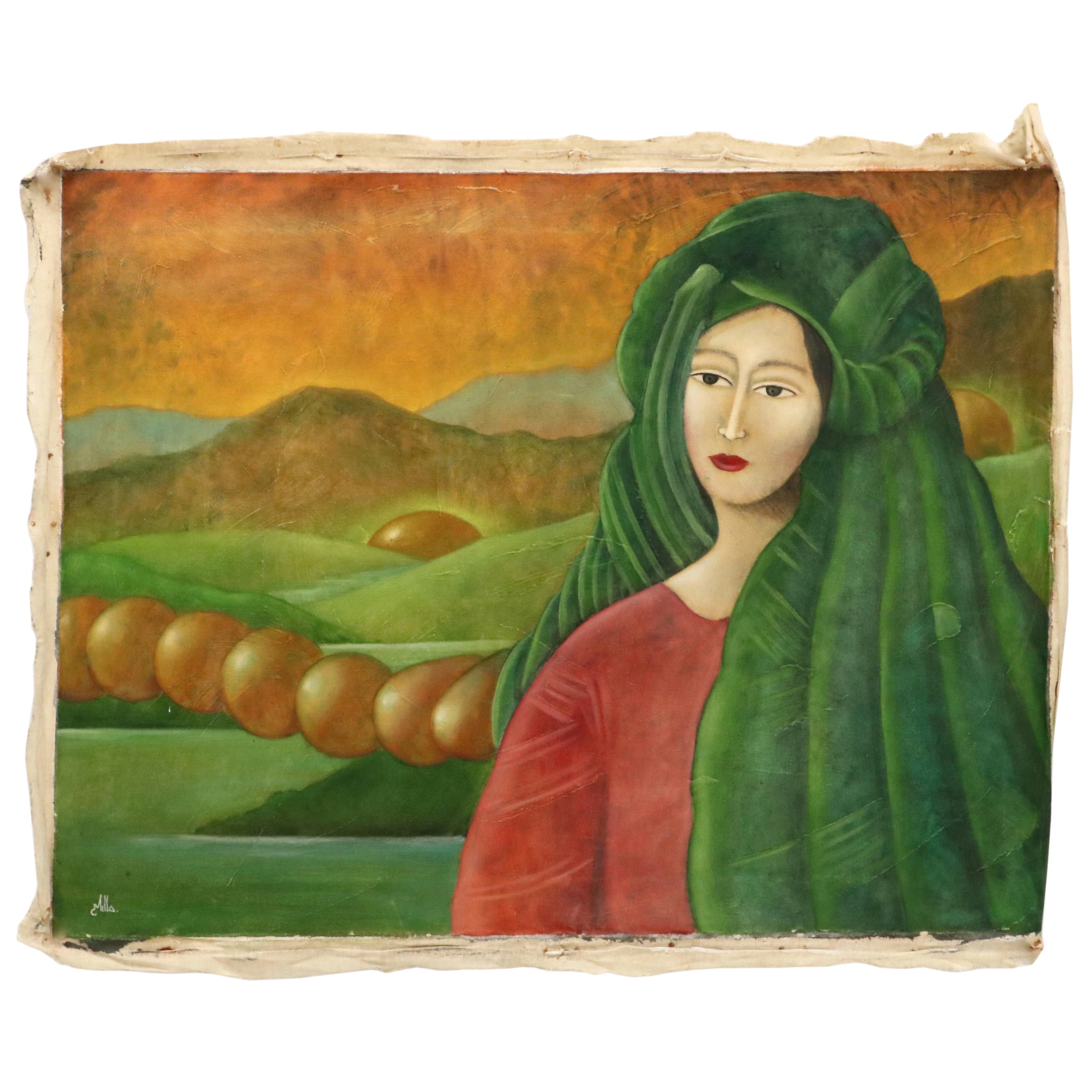 Stylized Oil Painting of Figure in Hilly Landscape
