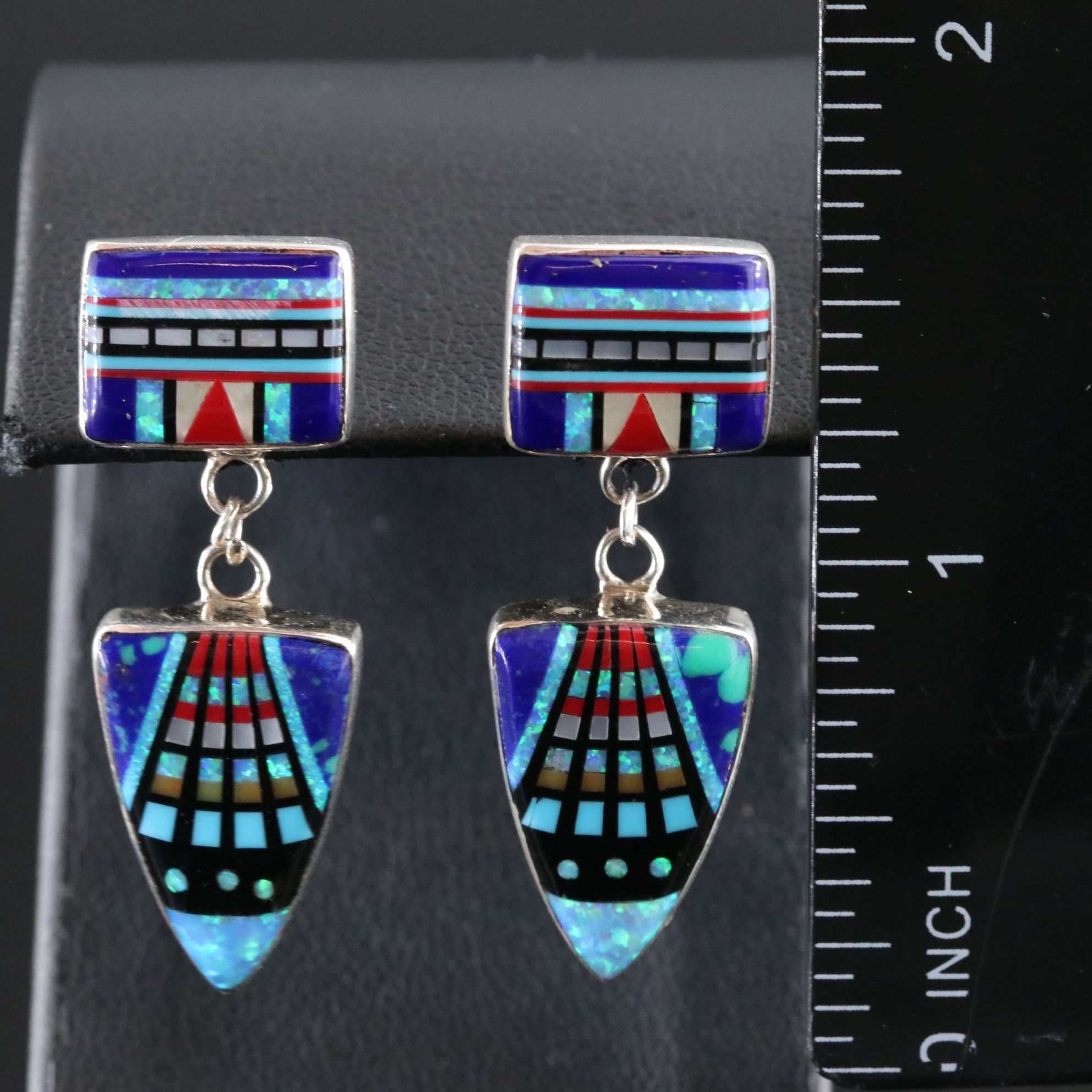 Sterling Opal, Mother-of-Pearl and Faux Lapis Lazuli Inlay Earrings