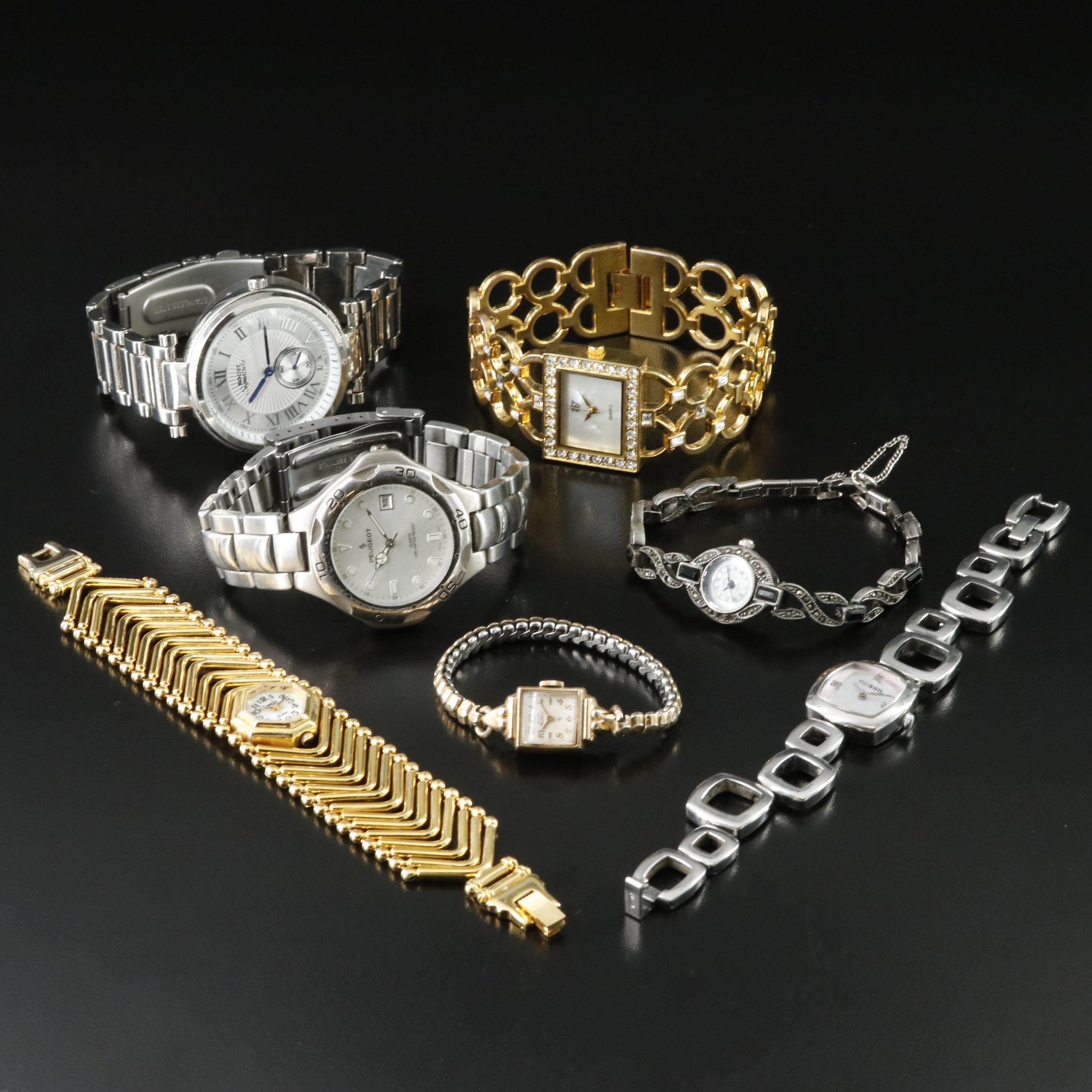 Collection of Quartz Dress Watches Featuring Peugeot, Fossil and Elgin