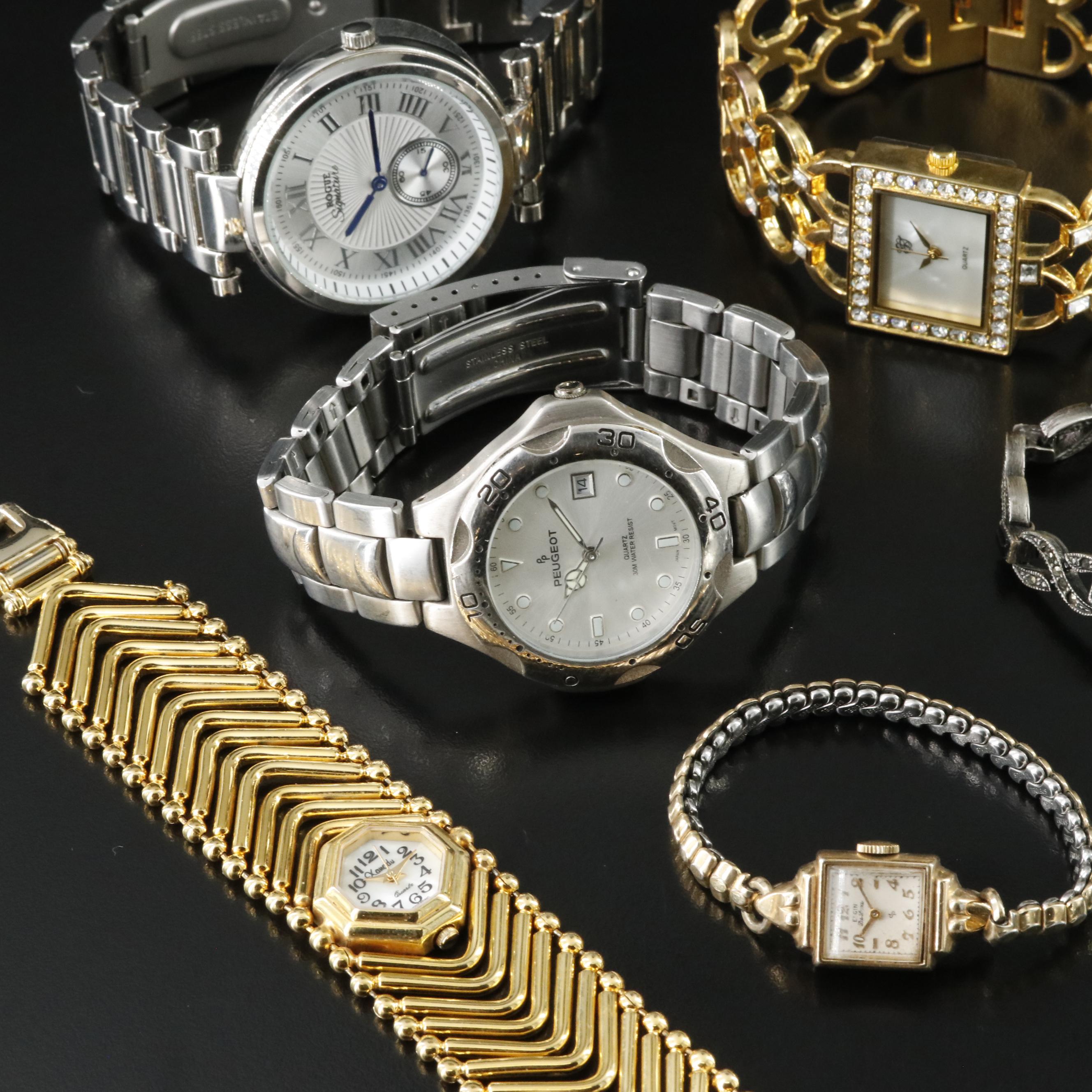 Collection of Quartz Dress Watches Featuring Peugeot, Fossil and Elgin