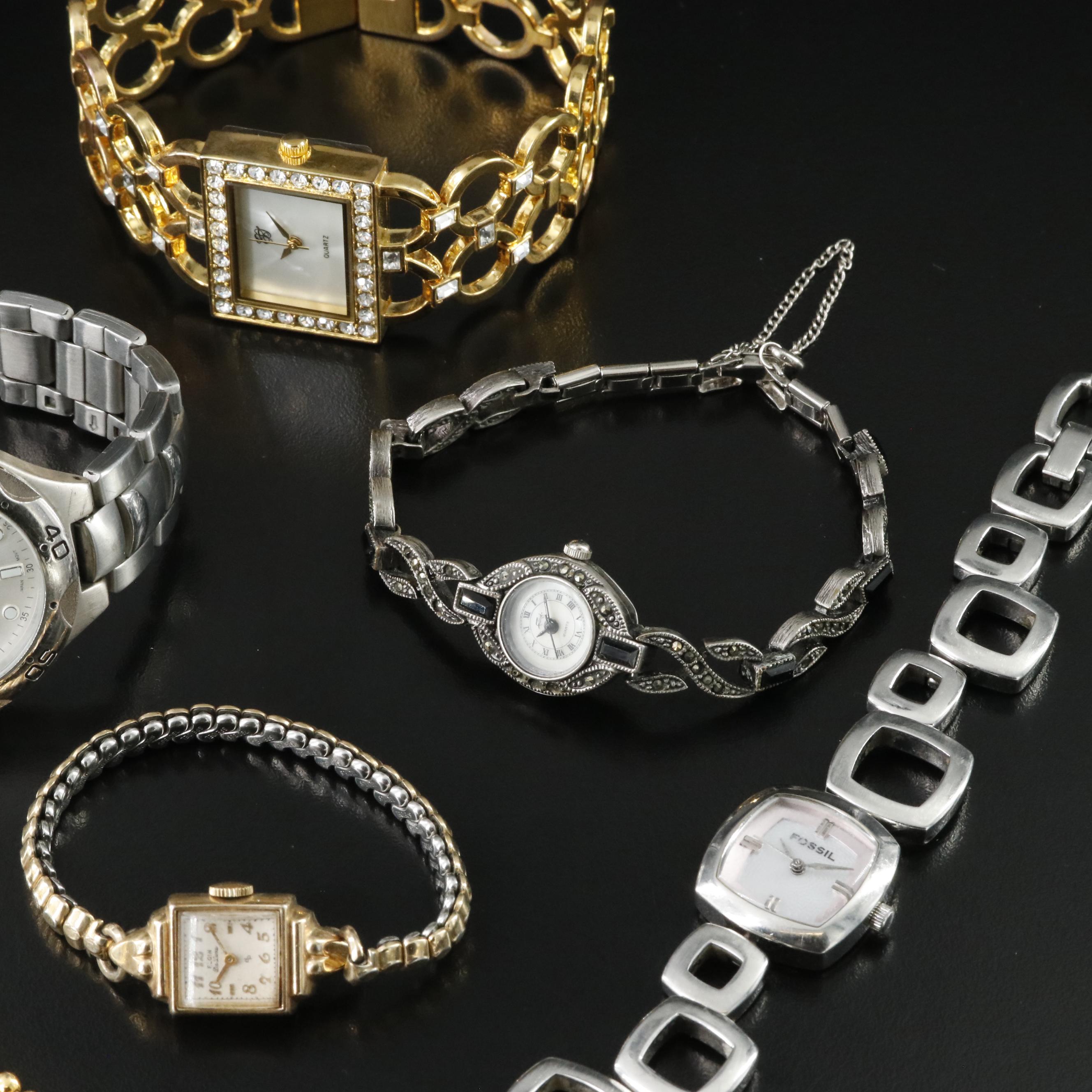 Collection of Quartz Dress Watches Featuring Peugeot, Fossil and Elgin