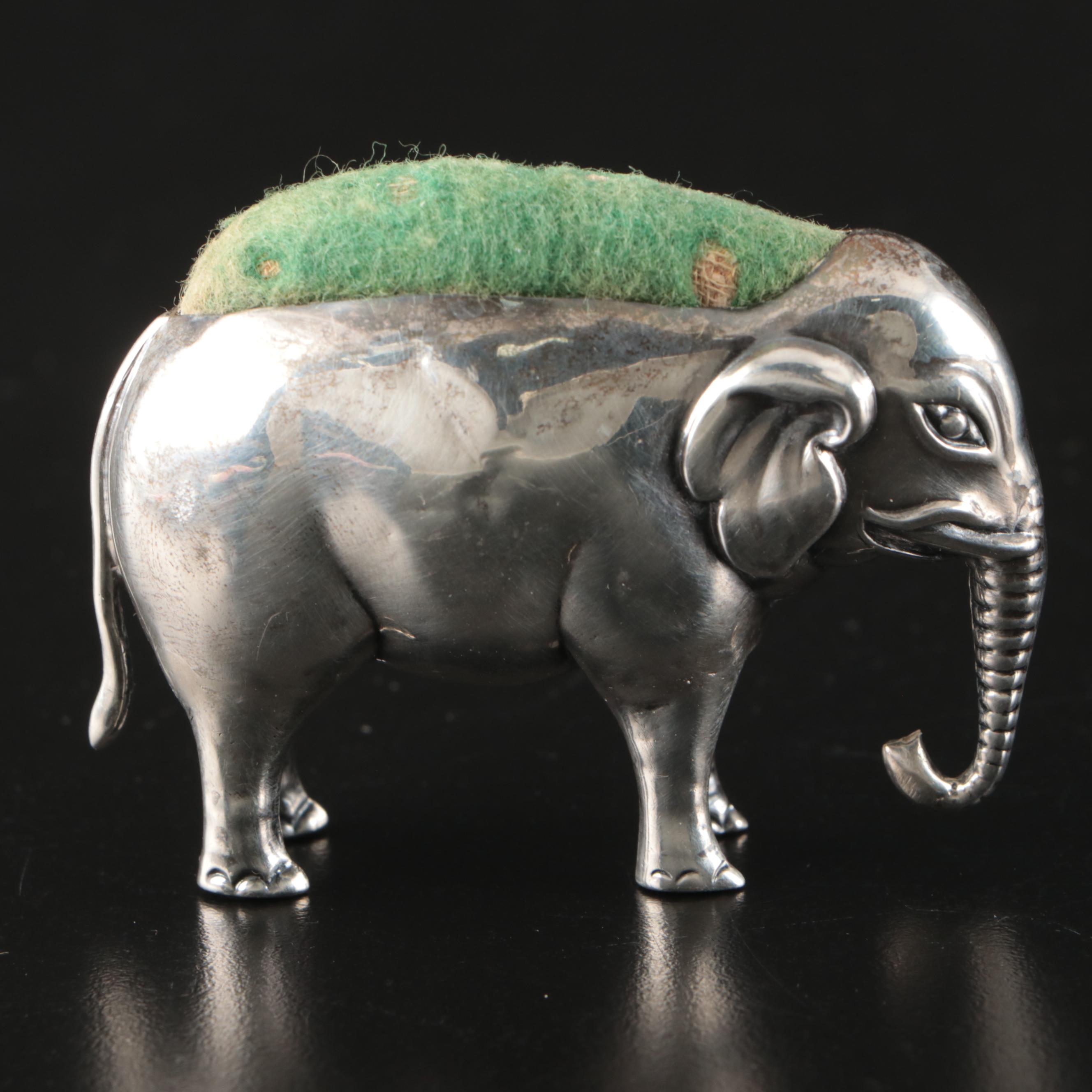 English Sterling Silver Elephant and Bird Pincushions, Early 20th Century
