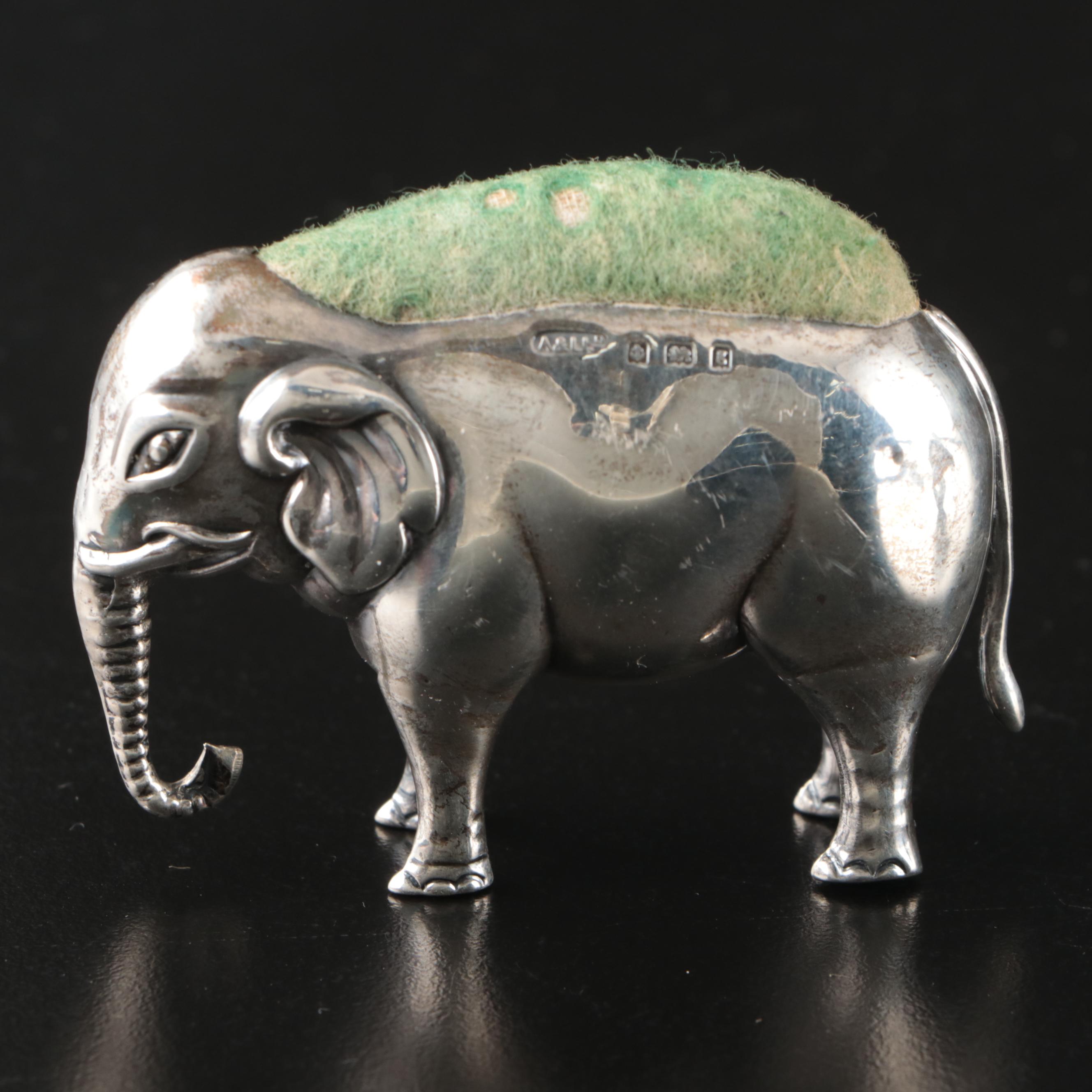 English Sterling Silver Elephant and Bird Pincushions, Early 20th Century