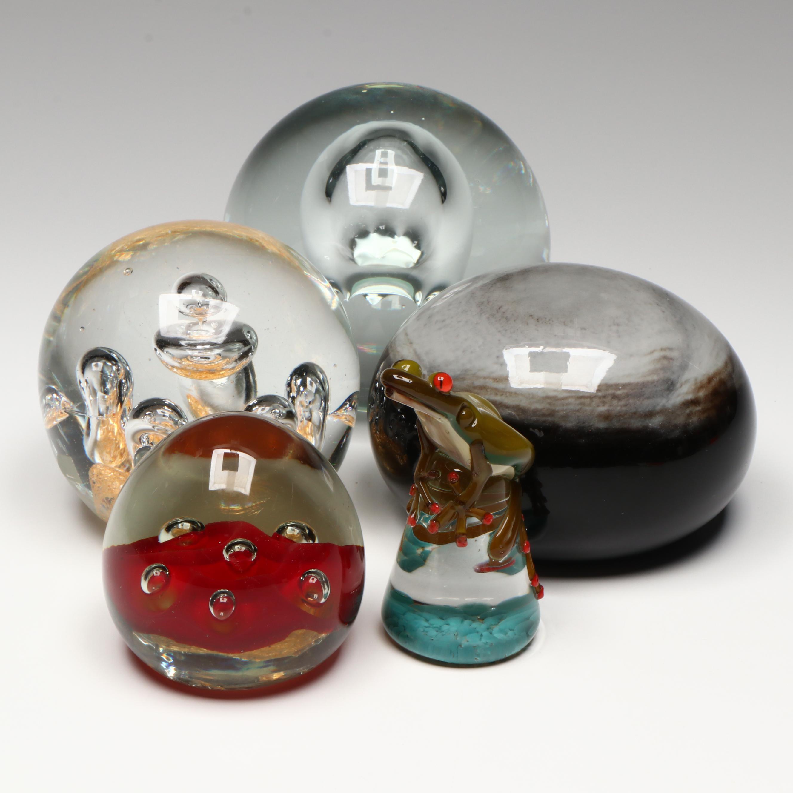 Frog Glass Paperweight with Bubble Glass and Other Glass Paperweights