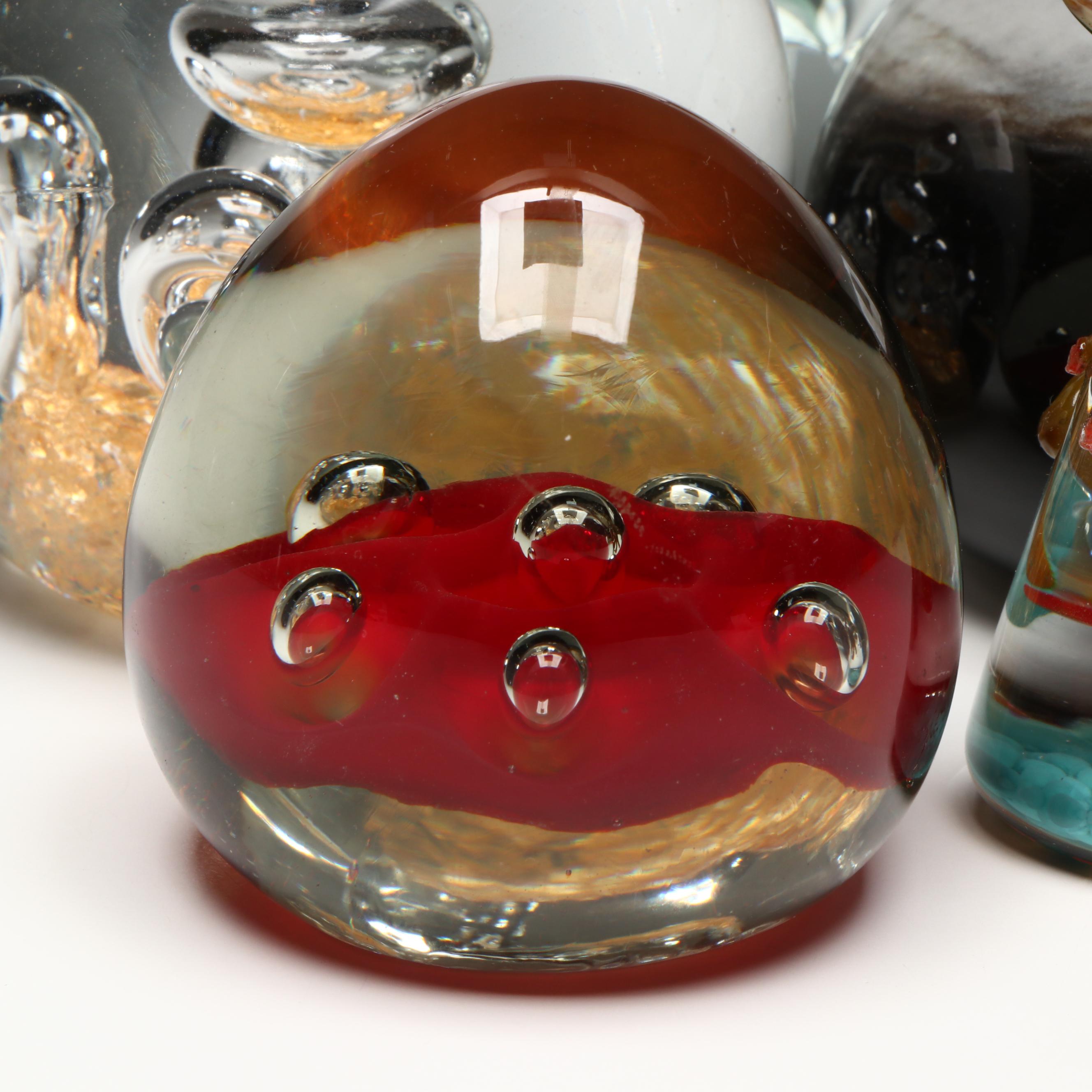 Frog Glass Paperweight with Bubble Glass and Other Glass Paperweights