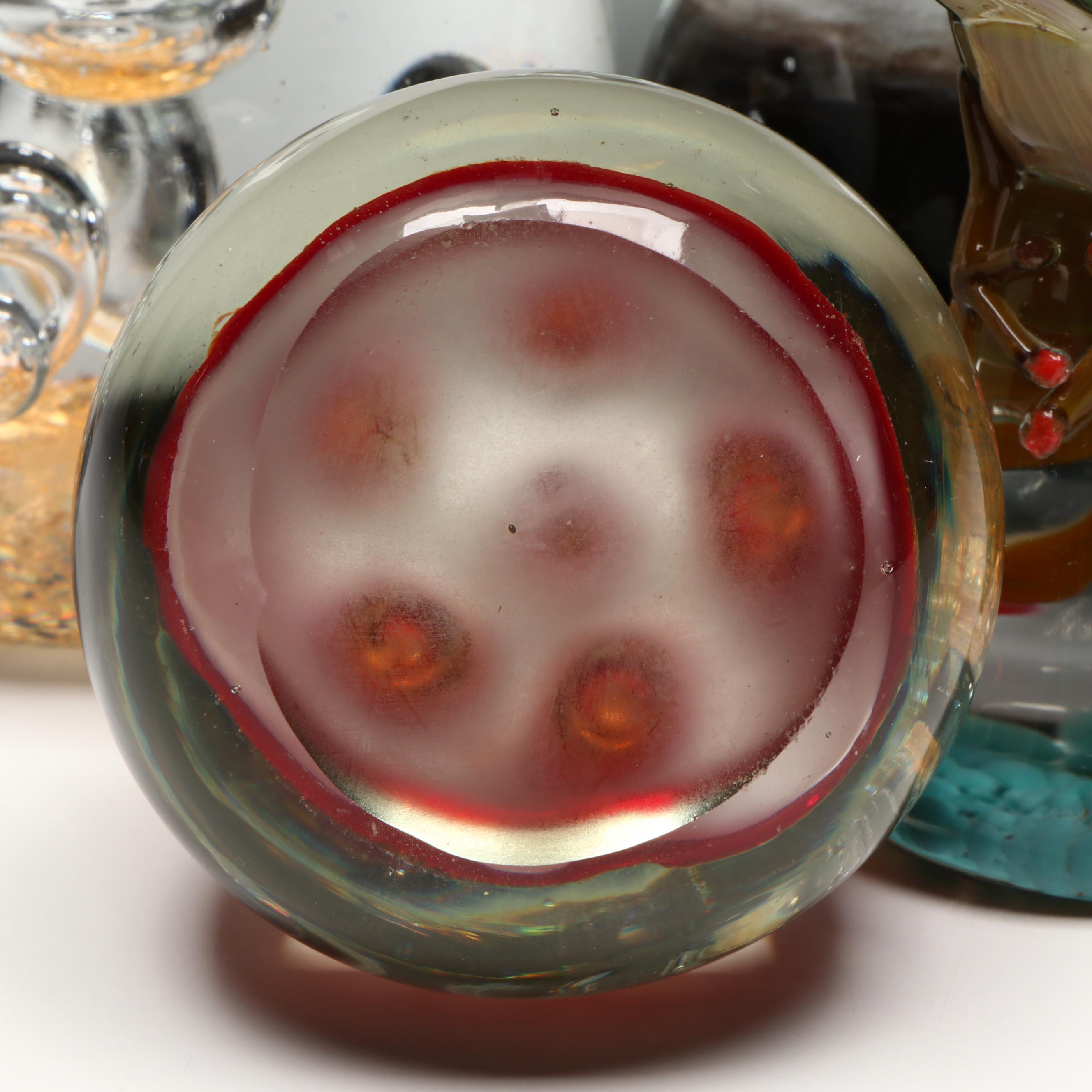 Frog Glass Paperweight with Bubble Glass and Other Glass Paperweights