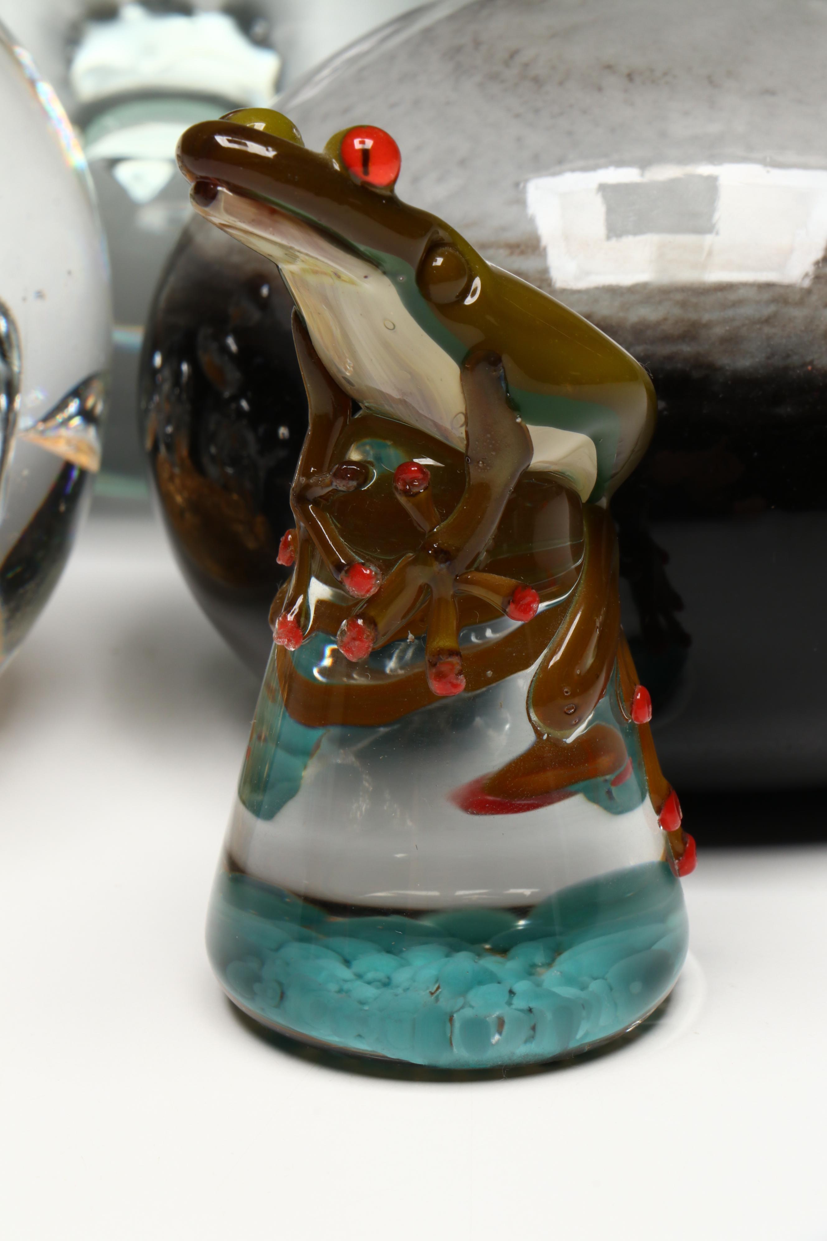Frog Glass Paperweight with Bubble Glass and Other Glass Paperweights