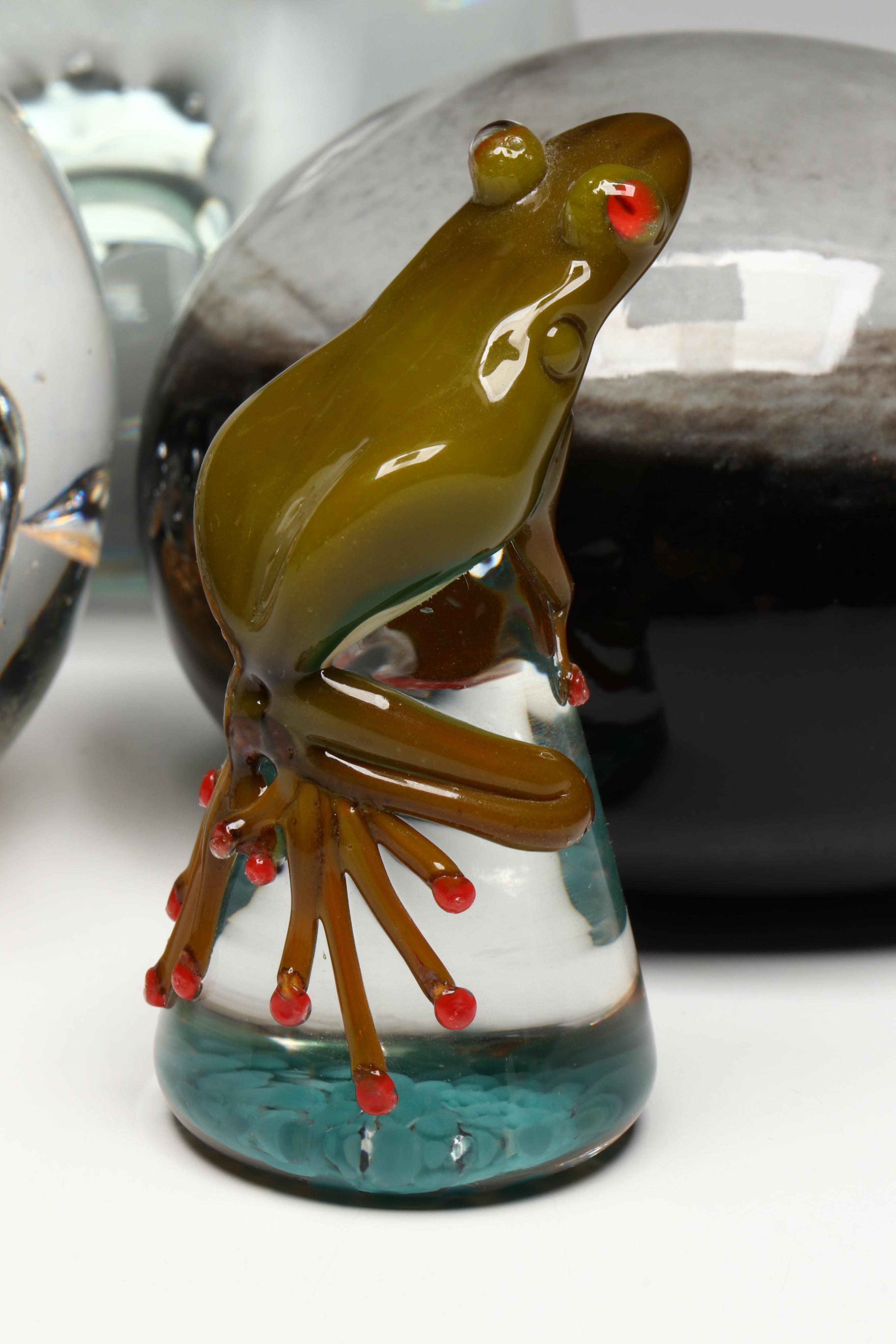 Frog Glass Paperweight with Bubble Glass and Other Glass Paperweights
