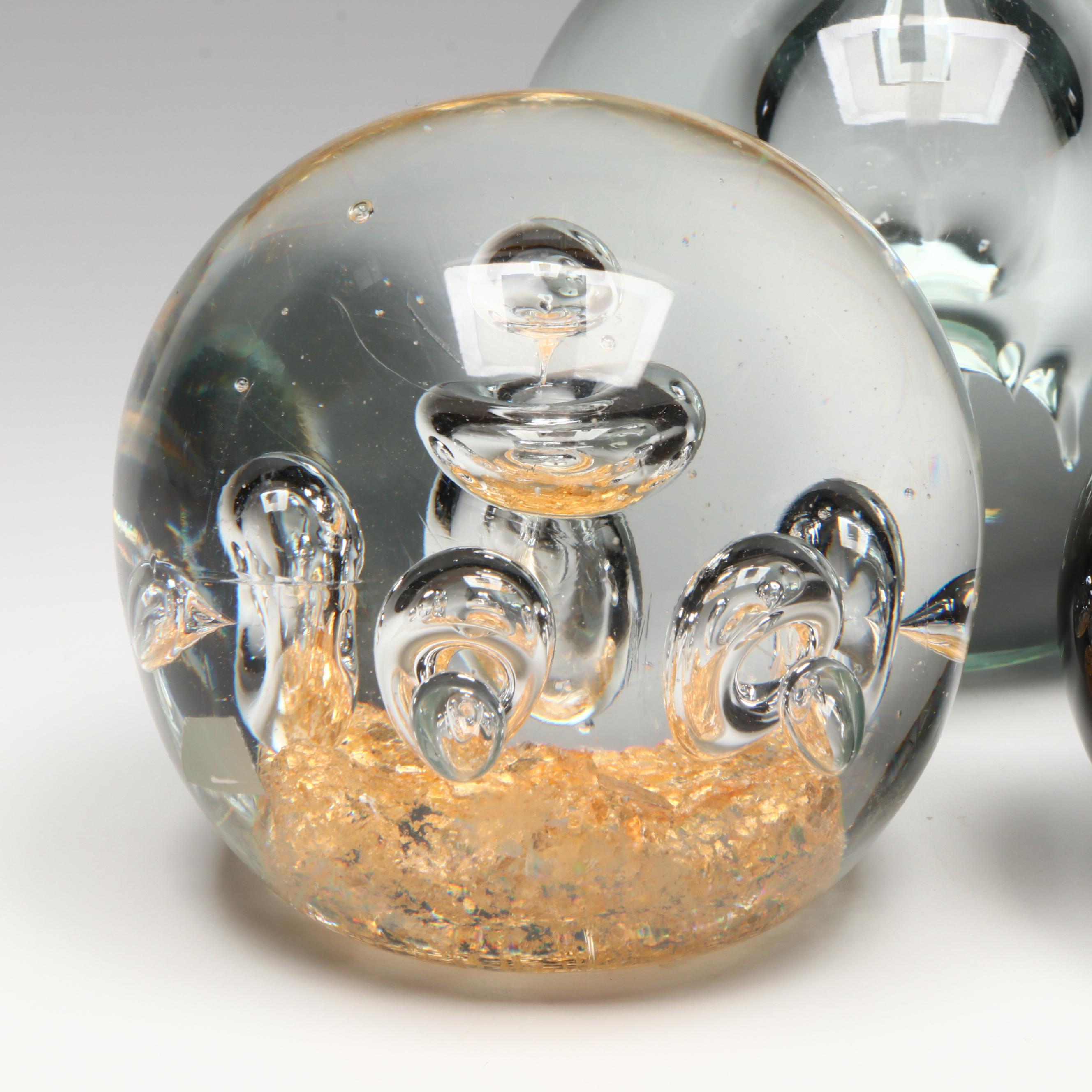 Frog Glass Paperweight with Bubble Glass and Other Glass Paperweights