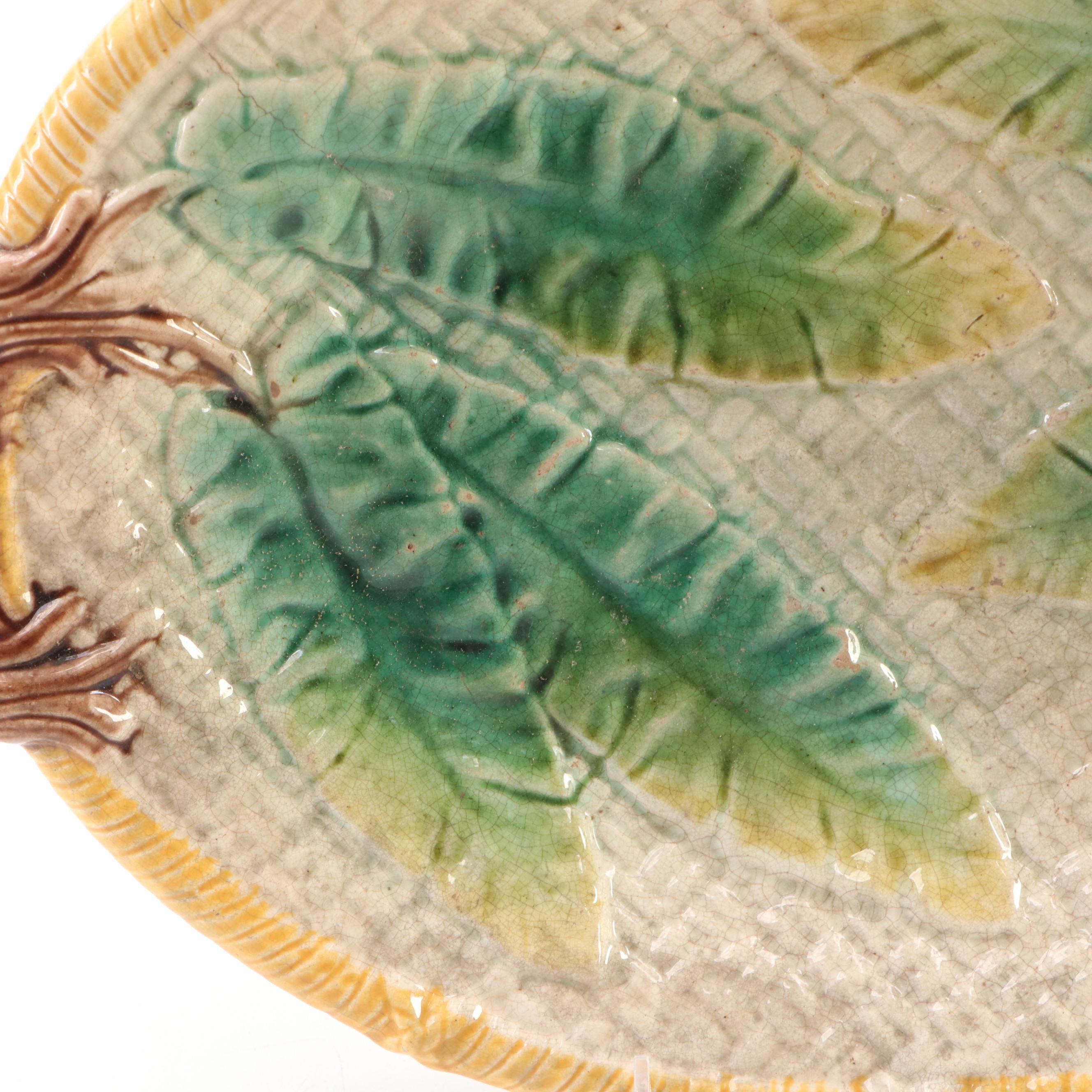 English Majolica Banana Leaf and Dog Platters, Late 19th Century