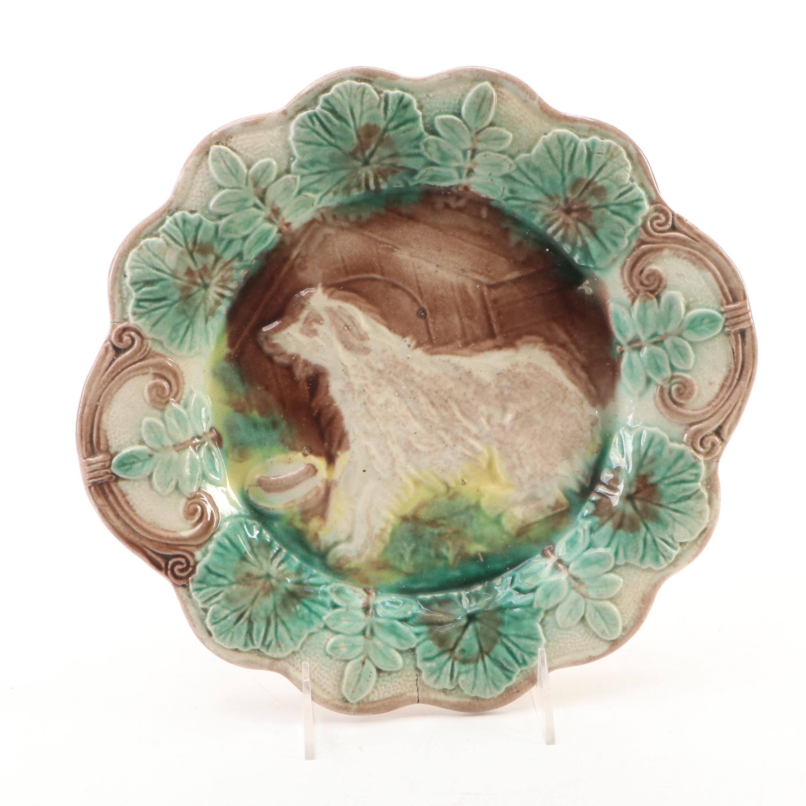 English Majolica Banana Leaf and Dog Platters, Late 19th Century