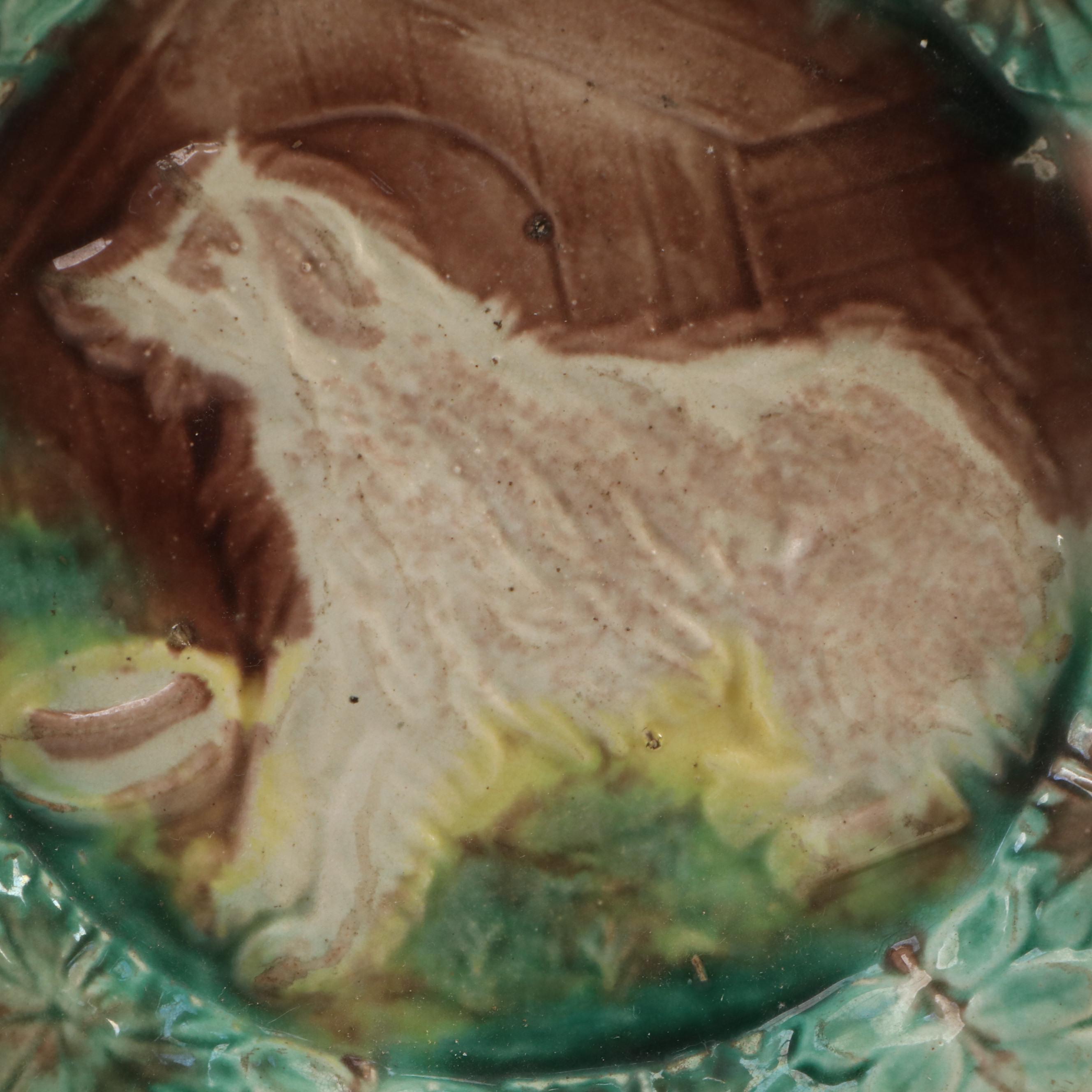 English Majolica Banana Leaf and Dog Platters, Late 19th Century