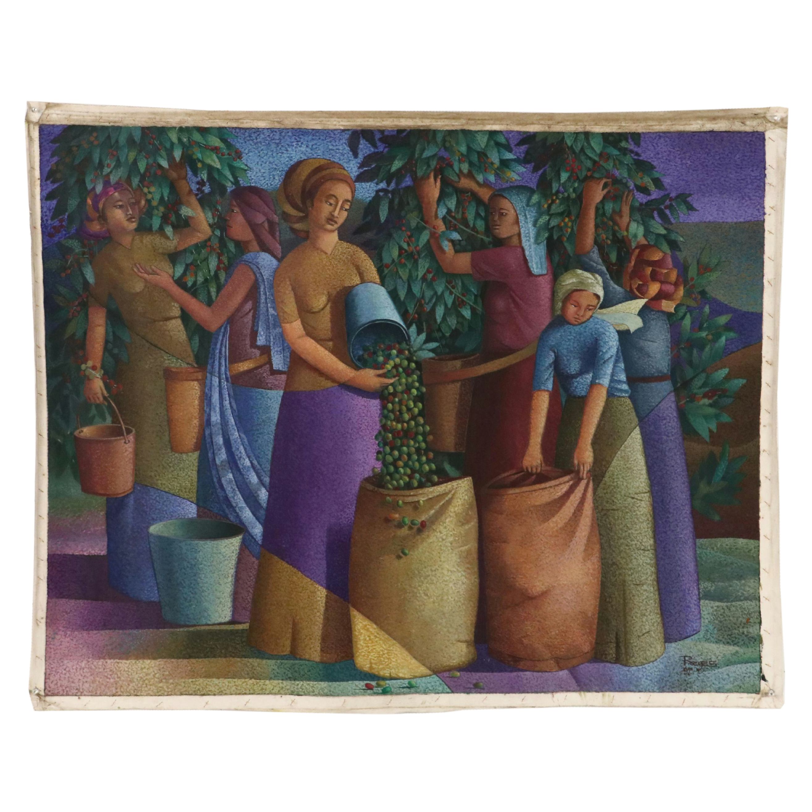 Pointillist-Style Oil Painting of Women Harvesting Olives, 1997