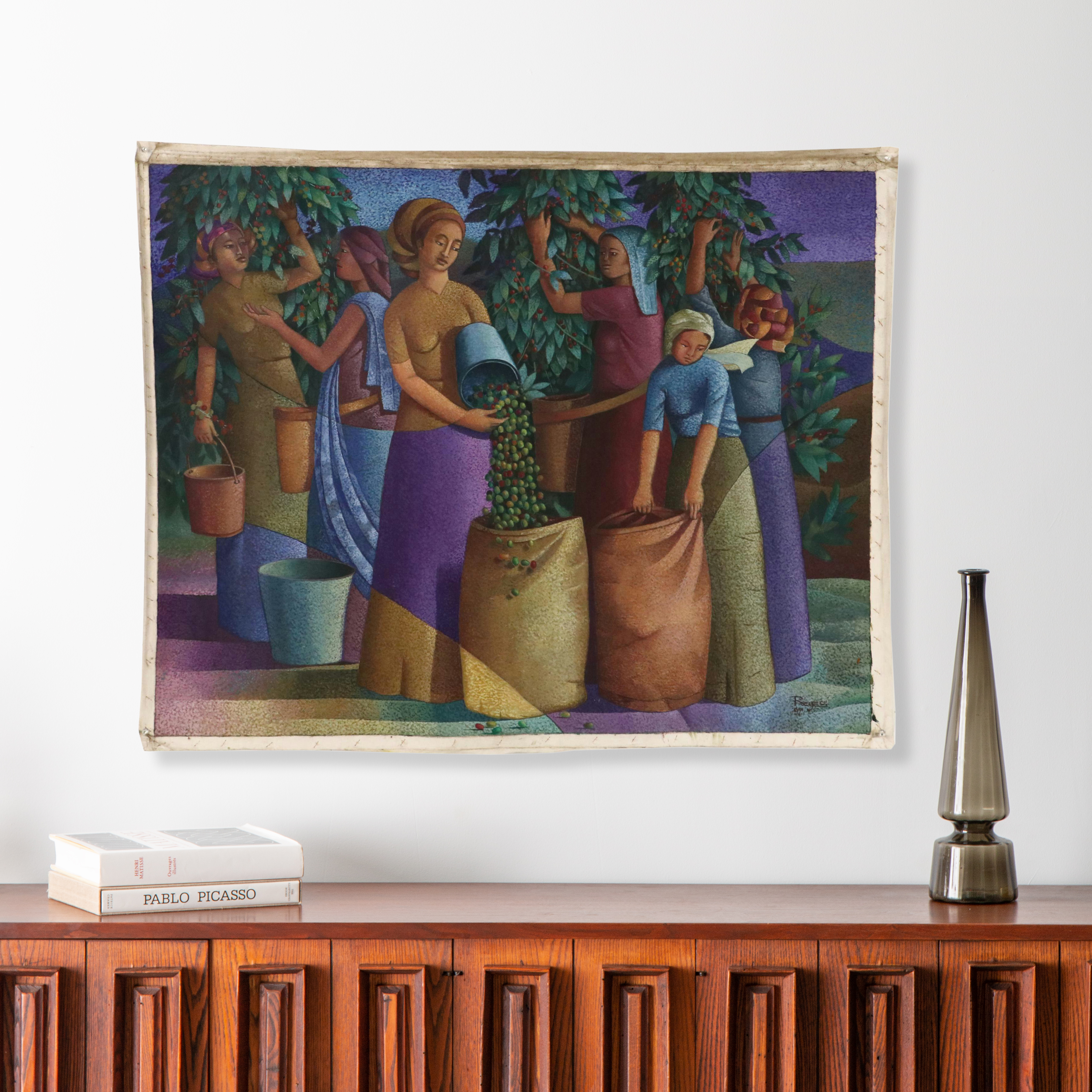 Pointillist-Style Oil Painting of Women Harvesting Olives, 1997