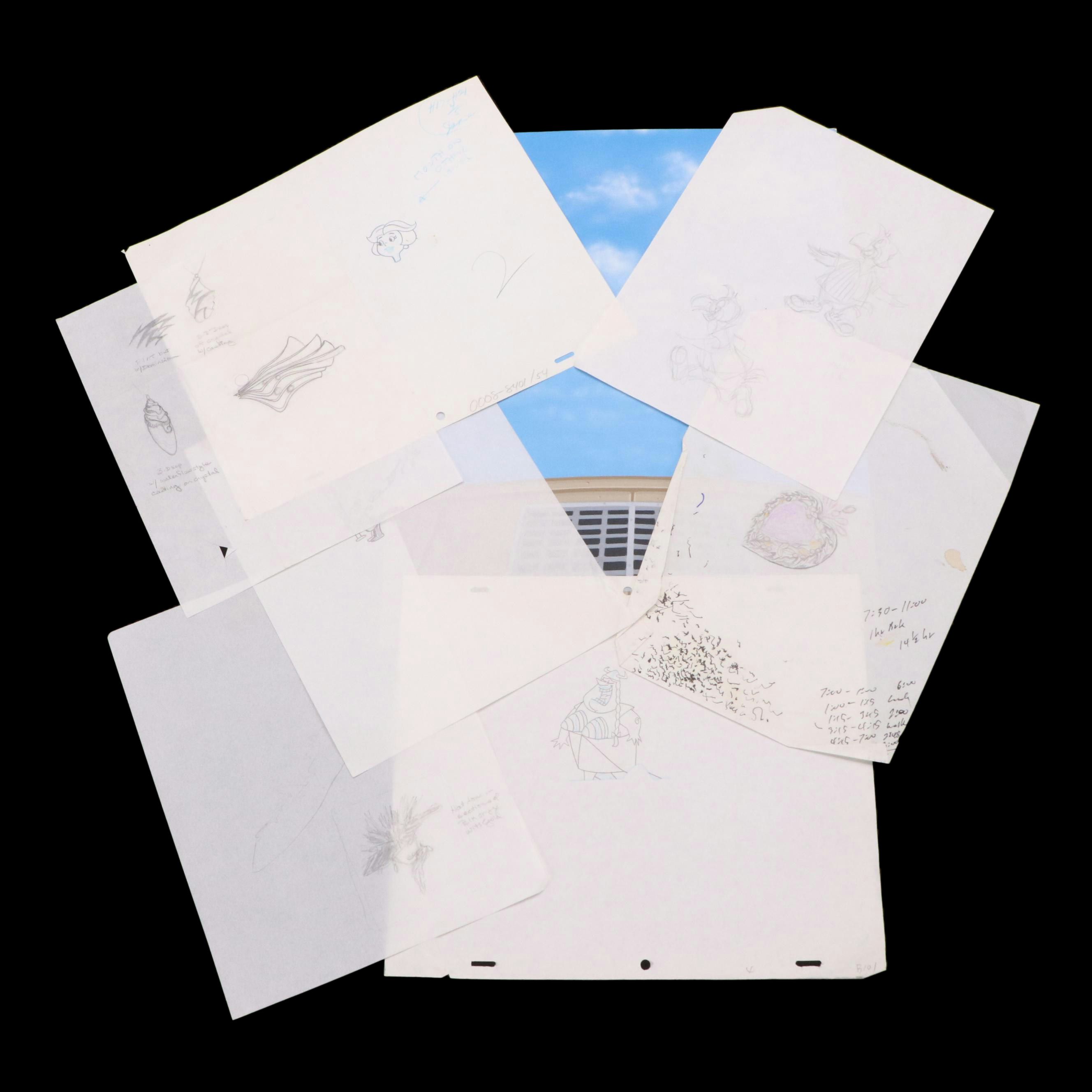 Animation Lot Including Sketches and Hand-Painted Backdrop for Cels