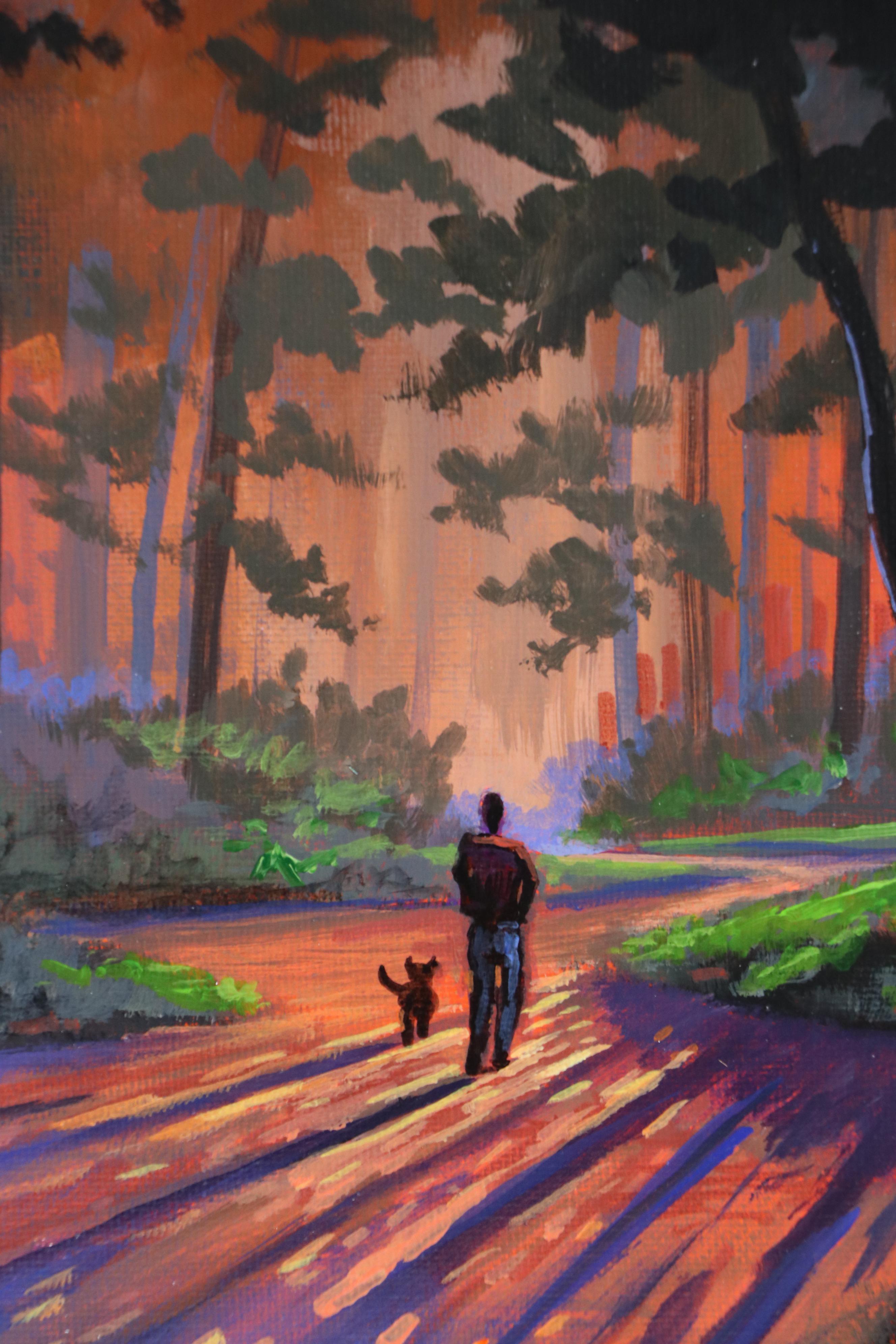 Doug "Bumo" Johnpeer Forest Landscape Oil Painting "Dog Walker," 2025