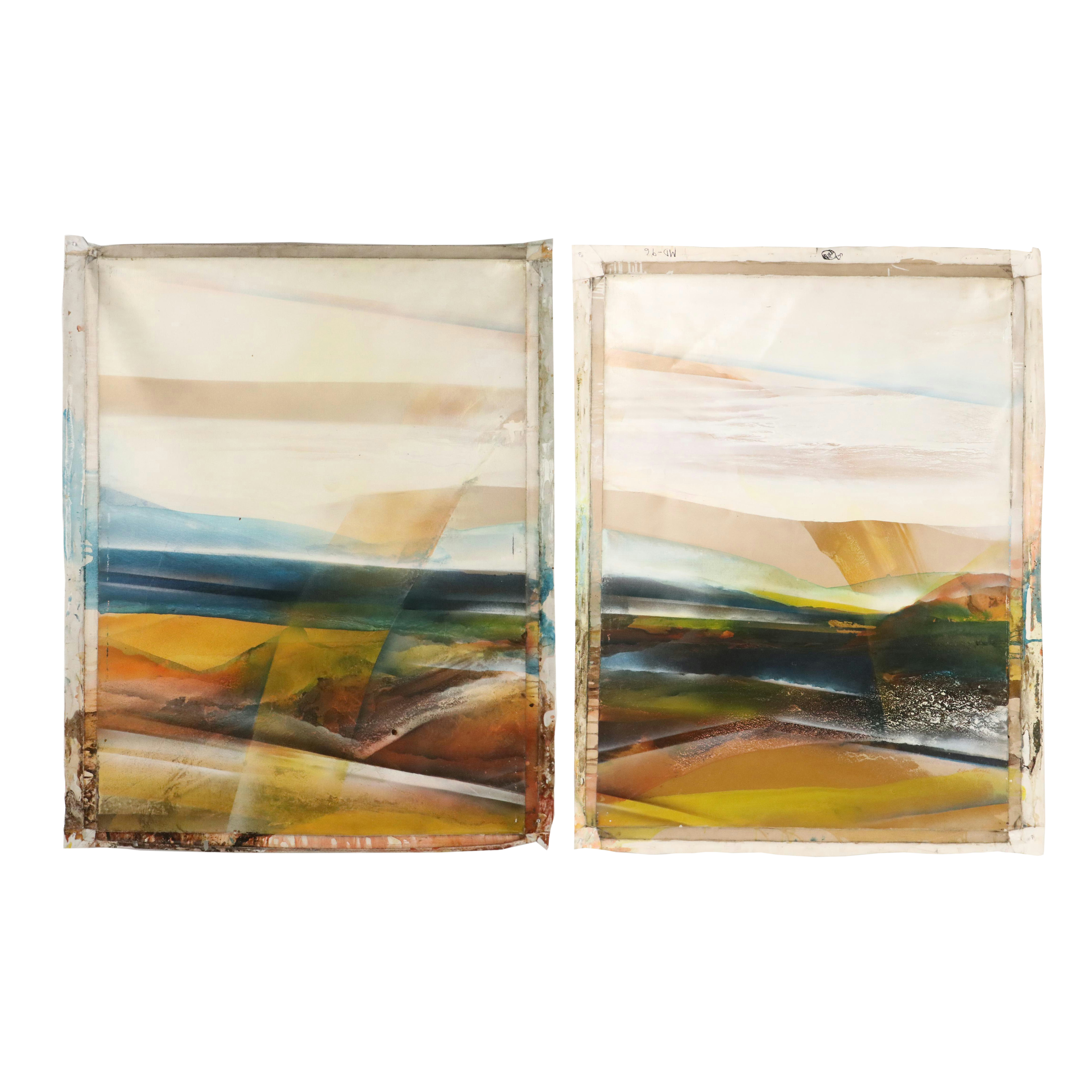 Elba Alvarez Mixed Media Abstract Color Field Diptych, 1971